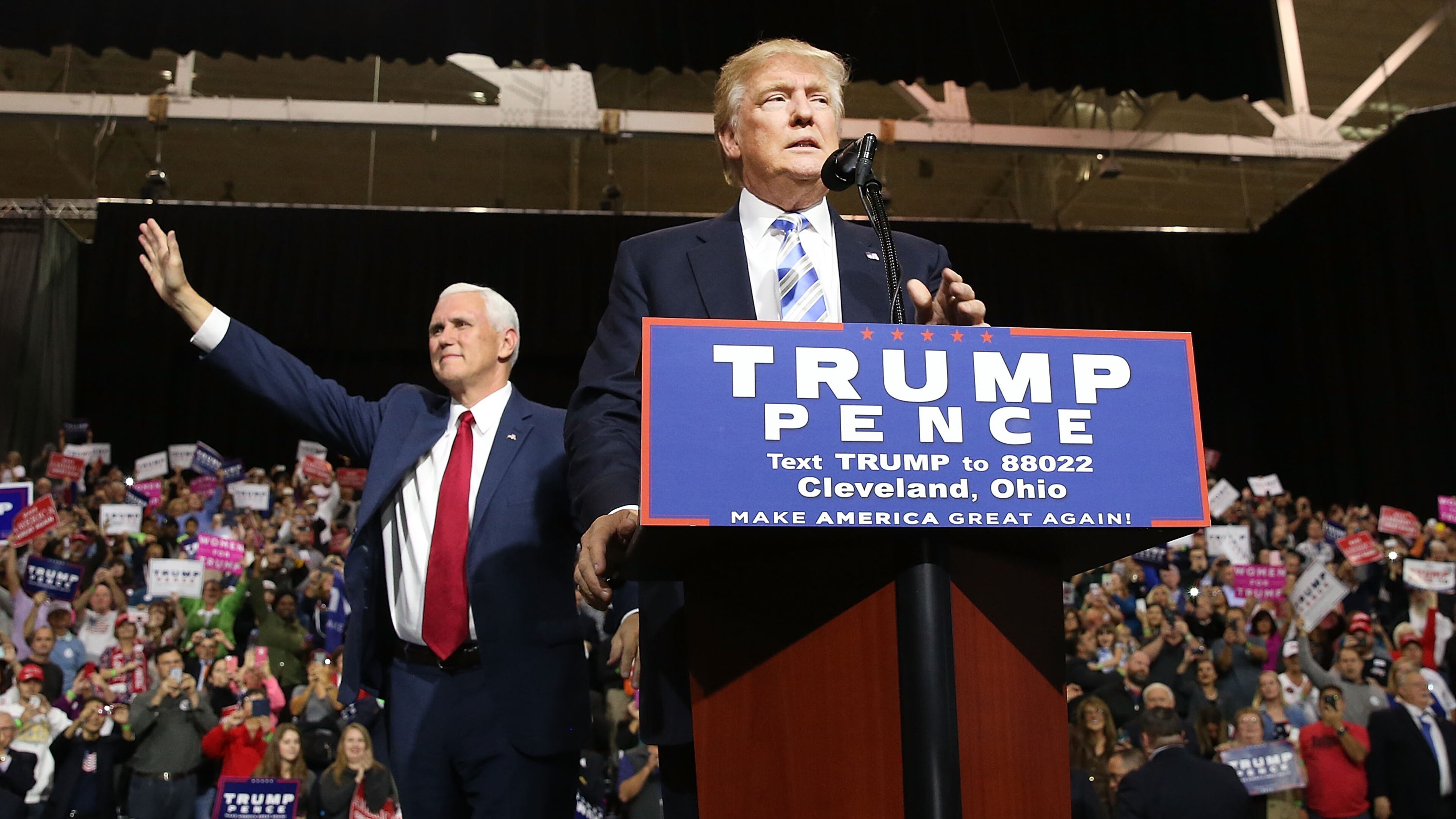 CLEVELAND, OH - OCTOBER 22: Vice Presidential candidate Mike Pence stands with Donald Trump during a rally on October 22, 2016 in Cleveland, Ohio.Trump continues to struggle in many swing states against his rival for the presidency Hillary Clinton. It is believed that Ohio is a must win state for Trump. (Photo by Spencer Platt/Getty Images)