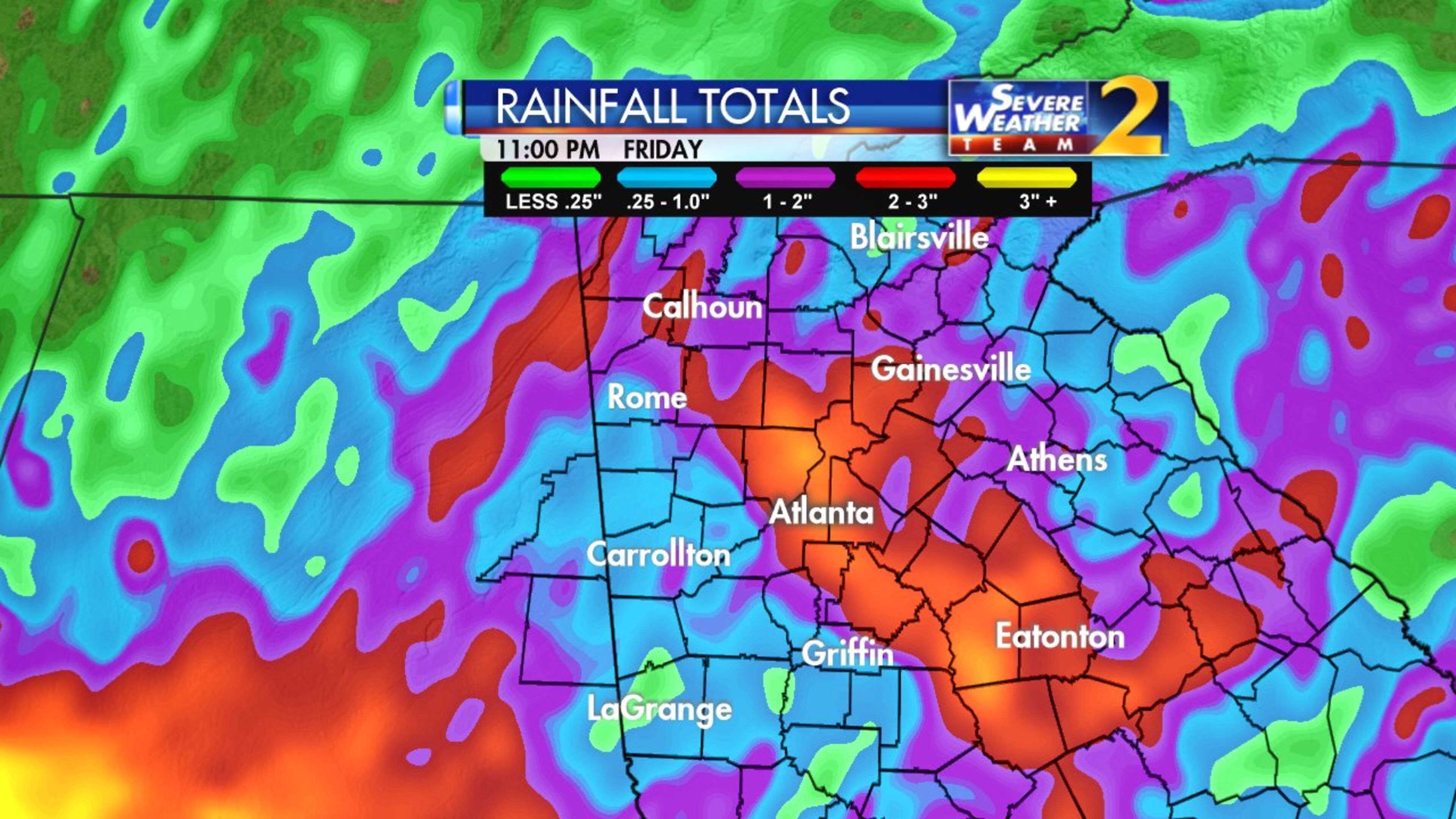 Some areas north of I-20 could get up to 2 inches between Thursday and early Saturday. (Credit: Channel 2 Action News)