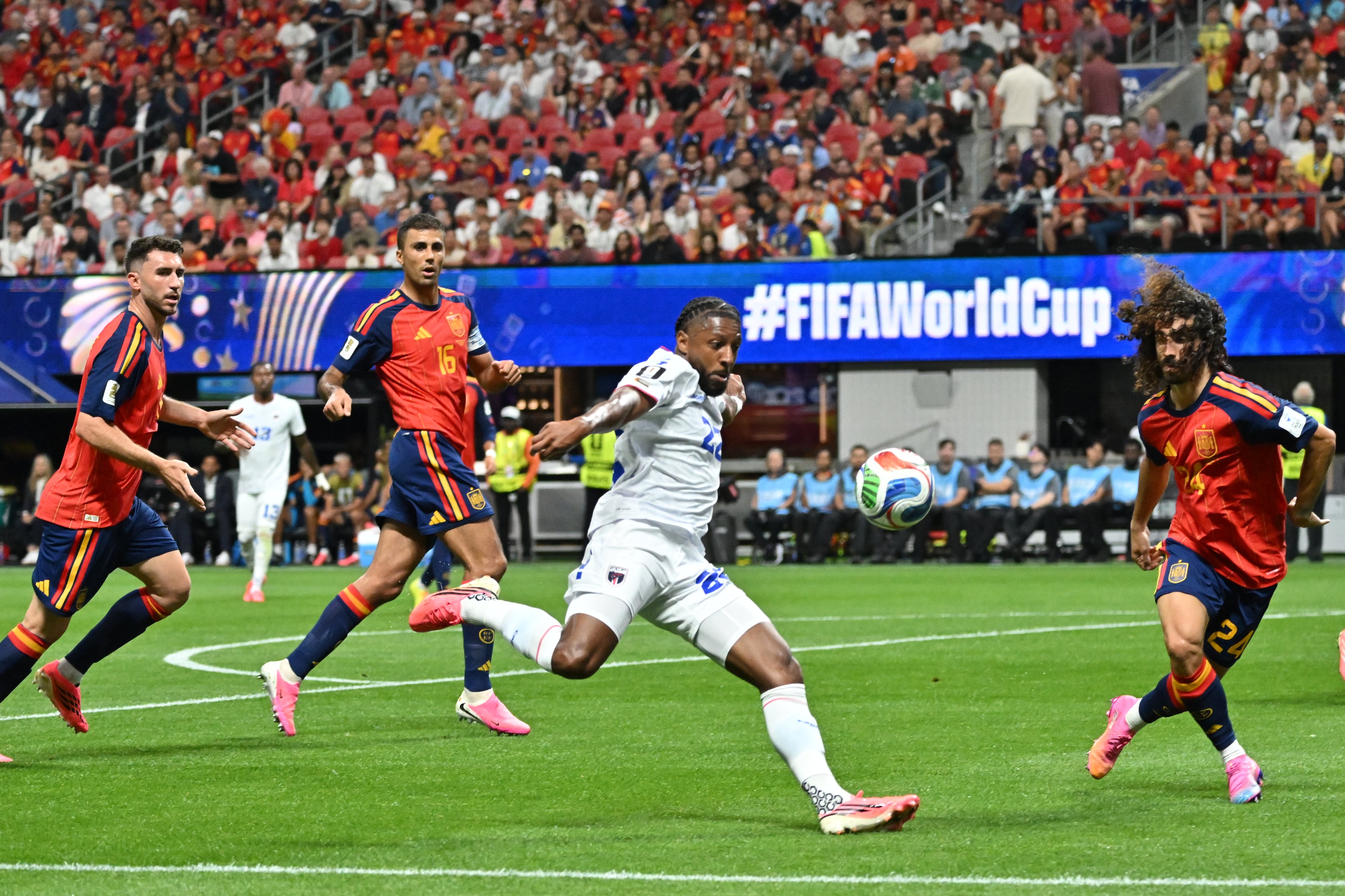 Cape Verde's Steven Moreira kicks ball past Spain's Marc Cucurella (right) during first half of Spain vs. Cape Verde Group H match at Atlanta Stadium (Mercedes-Benz Stadium) on Monday, June 15, 2026. (Hyosub Shin/AJC)