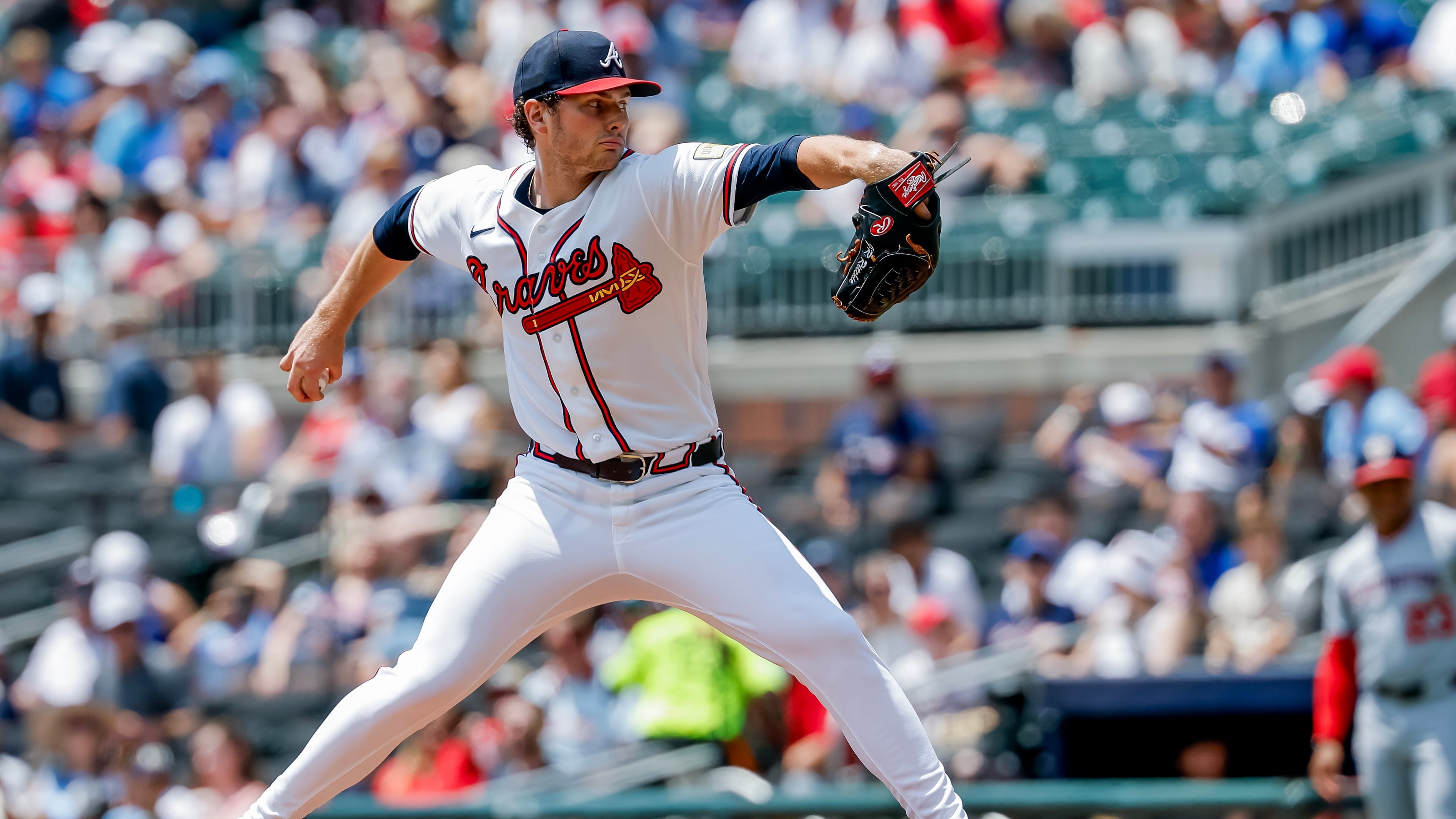 Braves pitcher JR Ritchie delivers to a Washington Nationals batter on Sunday, Aug. 2, 2026, in Atlanta. The 23-year-old rookie has pitched 58 innings for the Braves. (Erik S. Lesser/AP)