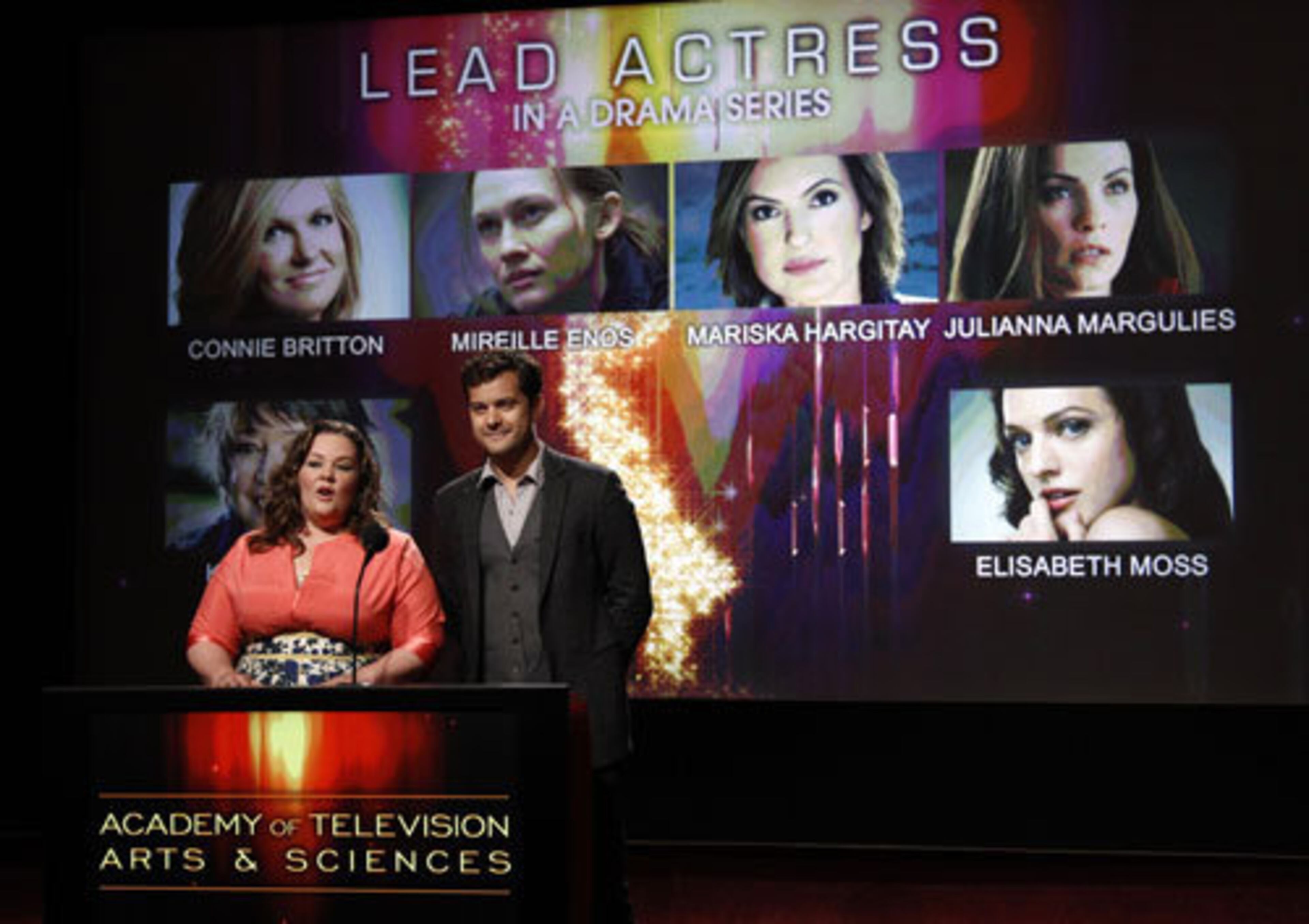 Actors Melissa McCarthy ("Mike and Molly"), left, and Joshua Jackson ("Fringe") announced the nominees for the 63rd Primetime Emmy Awards at the Academy of Television Arts & Sciences in Los Angeles, Thursday, July 14, 2011. Let's take a look at the major players: