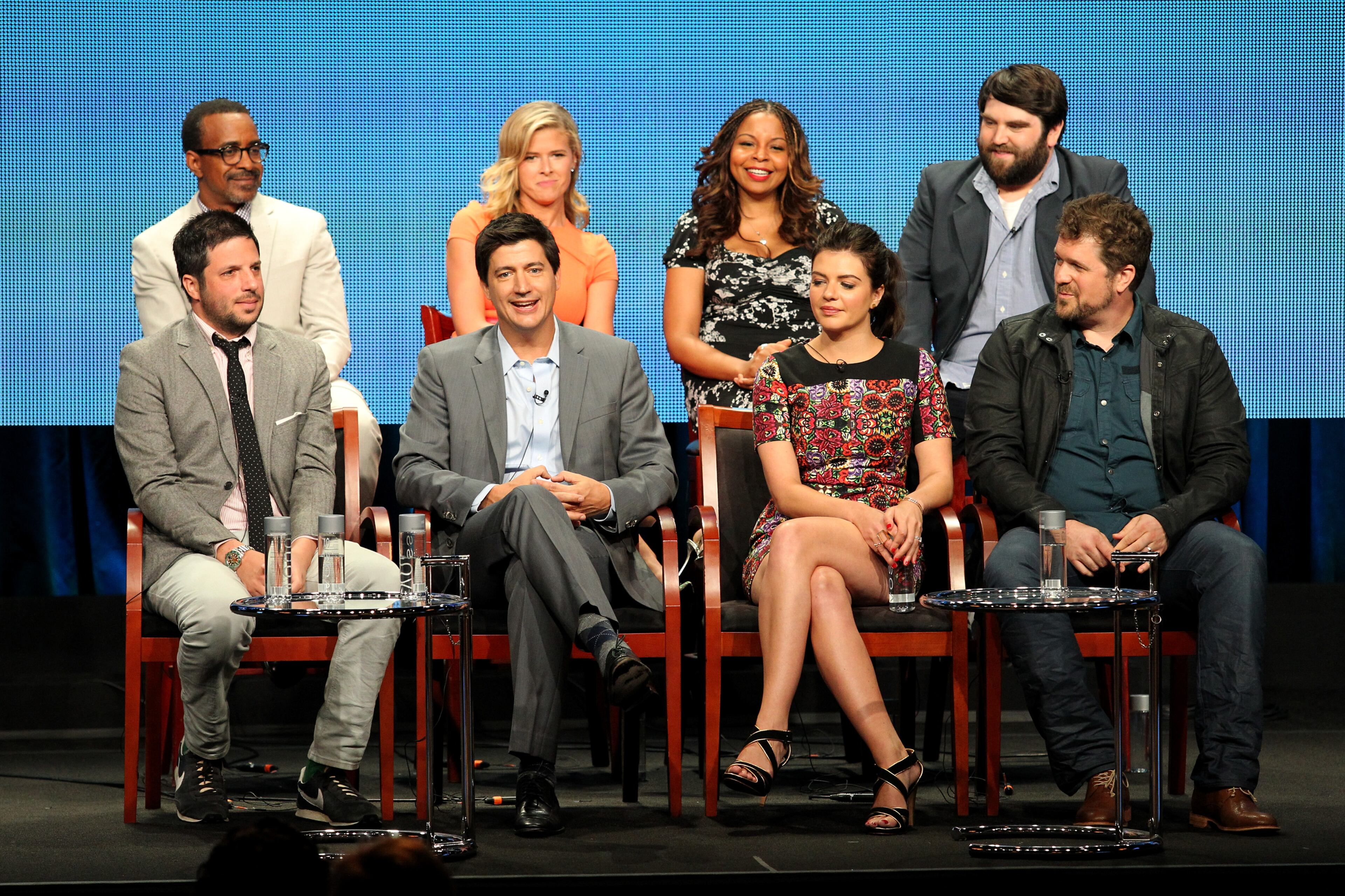 BEVERLY HILLS, CA - JULY 13: (Top L-R) Actors Tim Meadows, Sarah Wright, Tymberlee Hill, John Gemberling, (Bottom L-R) executive producer David Caspe, actors Ken Marino, Casey Wilson and executive producer Seth Gordon speak onstage at the "Marry Me" panel during the NBCUniversal portion of the 2014 Summer Television Critics Association at The Beverly Hilton Hotel on July 13, 2014 in Beverly Hills, California. (Photo by Frederick M. Brown/Getty Images)