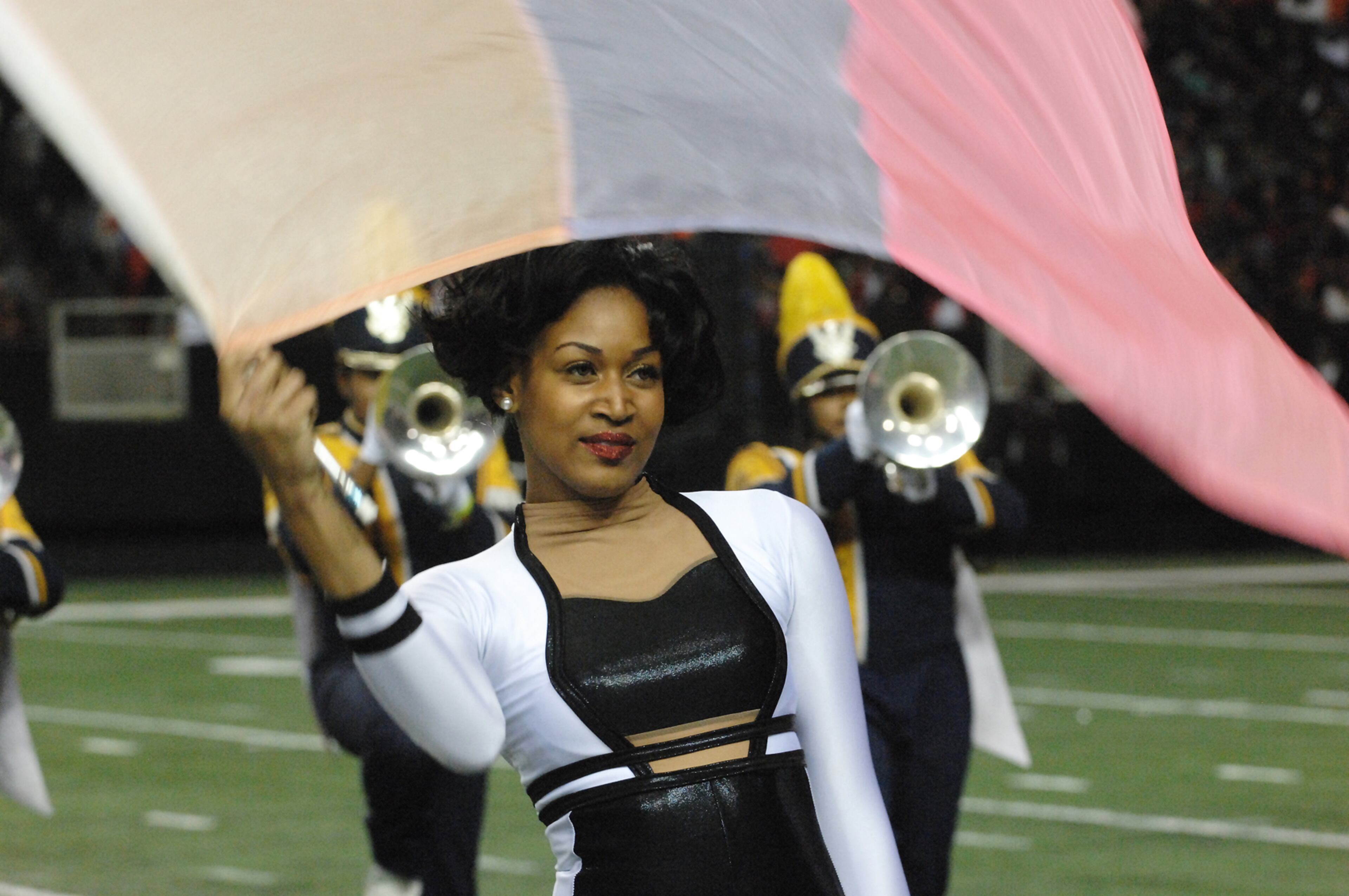 012817 A flag dancer with the North Carolina A&T Marching Band performs. Battle of the Bands at the Georgia Dome in Atlanta. W.A. Bridges Jr. special