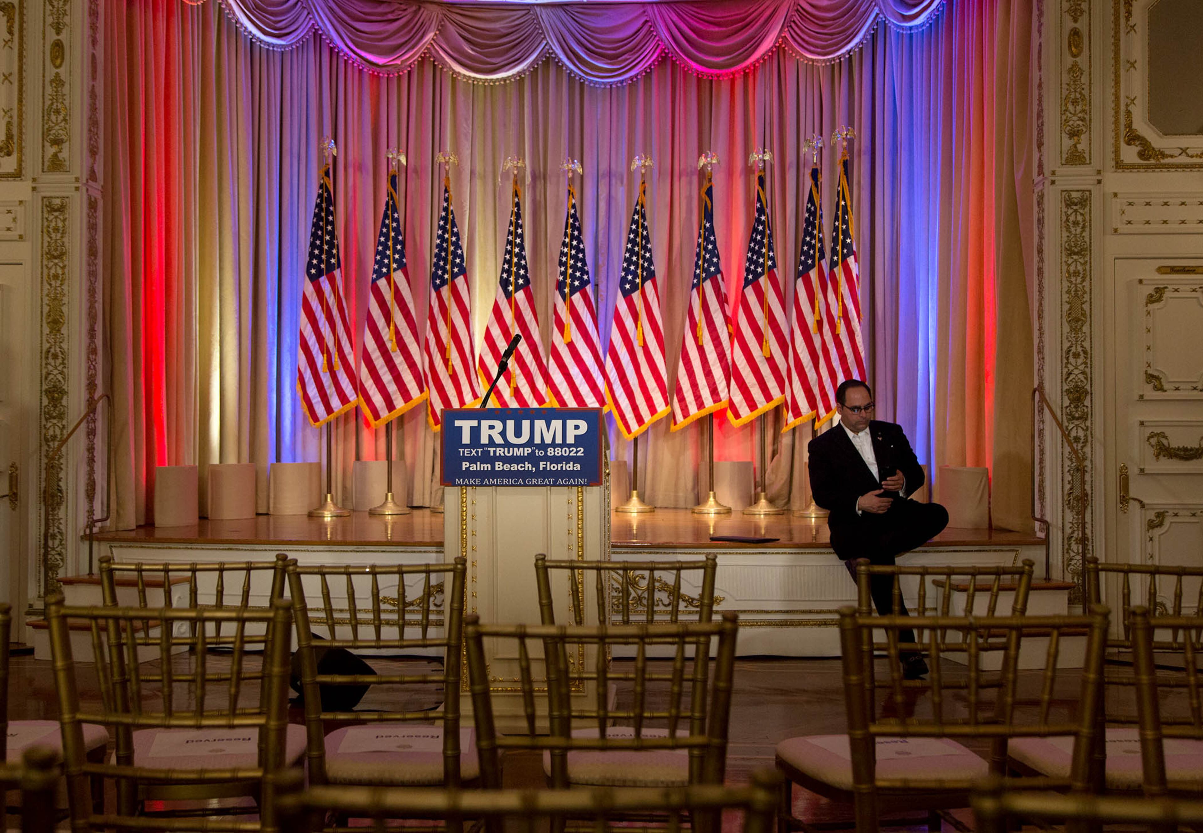 The White and Gold Ballroom at Mar-A-Lago is setup for Donald J. Trump's Super Tuesday press conference at Mar-A-Lago in Palm Beach, Florida on March 1, 2016. (Allen Eyestone / Daily News)