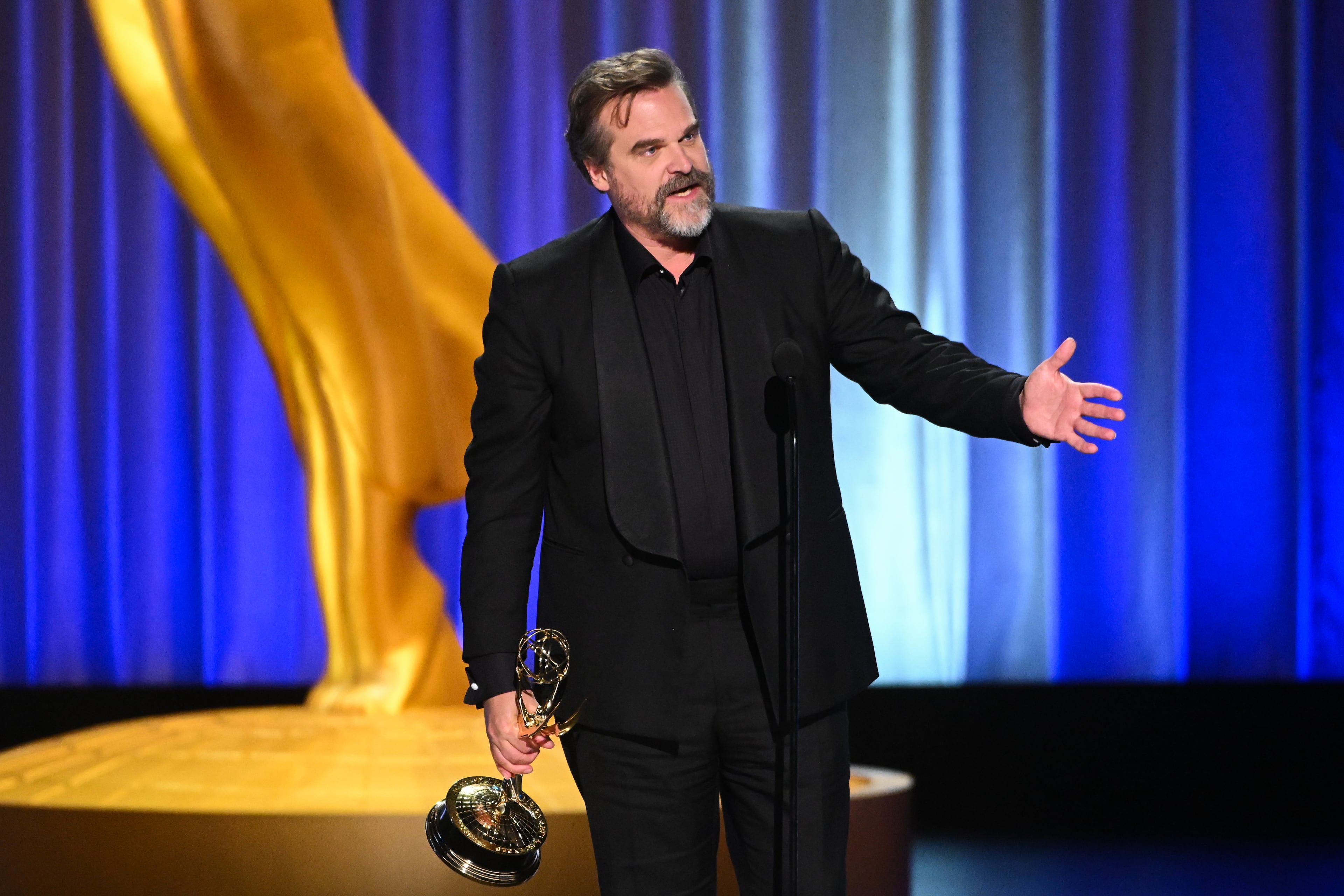 David Harbour accepts the Emmy for outstanding supporting actor in a limited or anthology series or movie for “DTF St. Louis” during the 78th Emmy Awards at the Peacock Theater on Sunday, Sept. 6, 2026, in Los Angeles. (Phil McCarten/Invision for the Television Academy/AP Content Services)