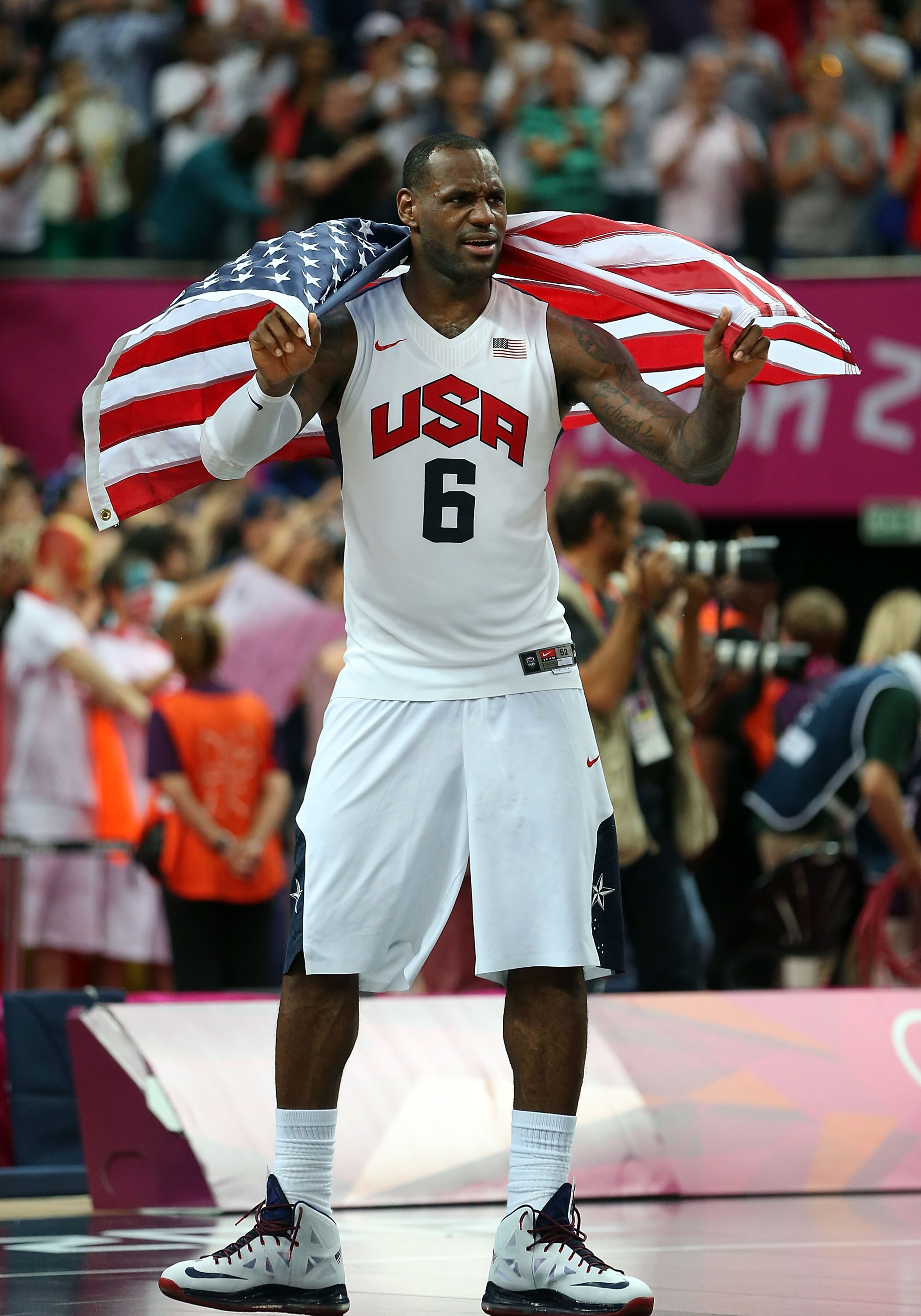 LONDON, ENGLAND - AUGUST 12: LeBron James #6 of the United States celebrates after the Men's Basketball gold medal game between the United States and Spain on Day 16 of the London 2012 Olympics Games at North Greenwich Arena on August 12, 2012 in London, England. (Photo by Christian Petersen/Getty Images)