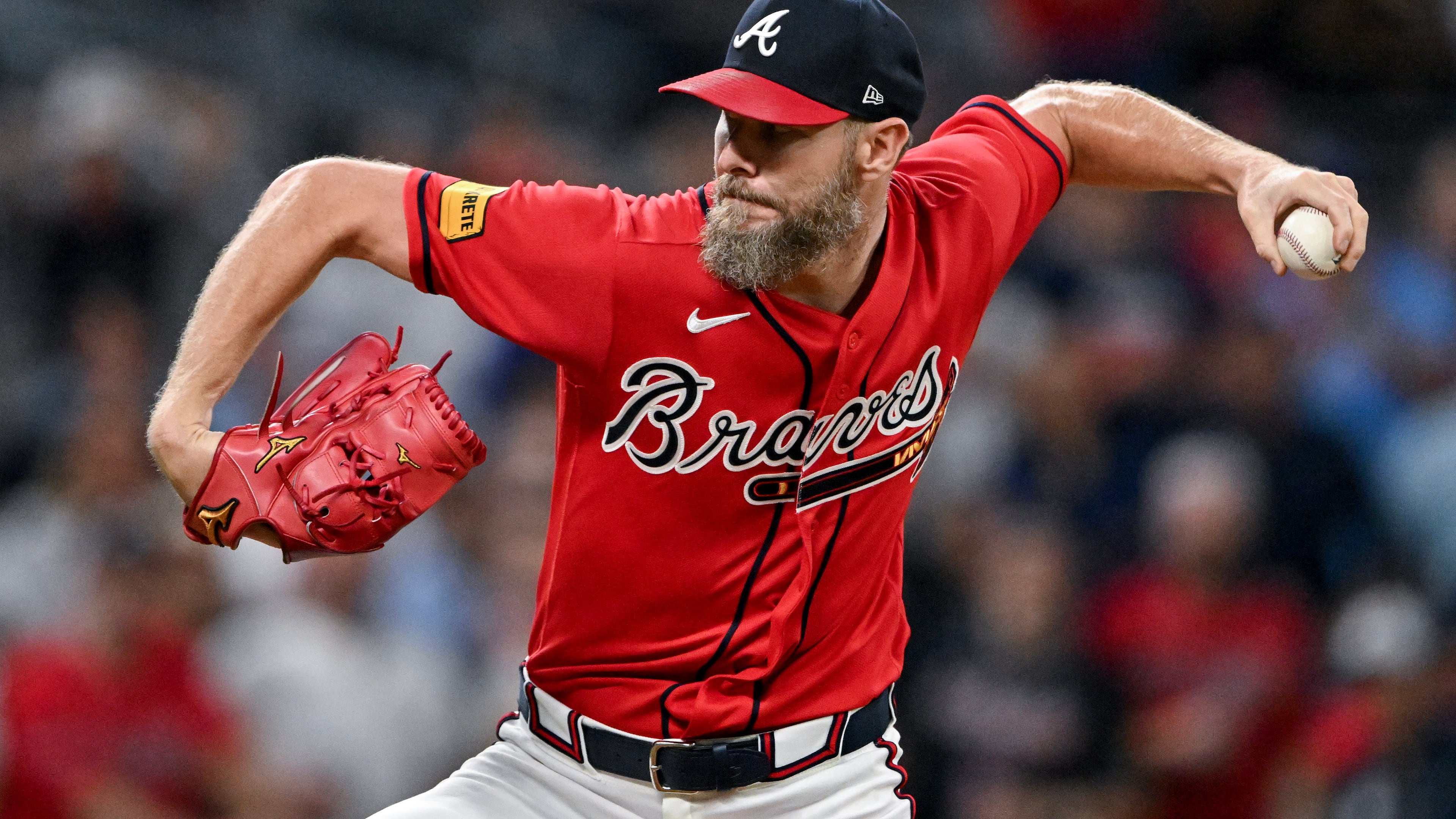 Atlanta Braves pitcher Chris Sale delivers to a Philadelphia Phillies batter during the eighth inning of Game 3 of a MLB National League Wild Card playoff series between the Atlanta Braves and the Philadelphia Phillies, Thursday, Oct. 1, 2026, in Atlanta. (Hyosub Shin/AJC)