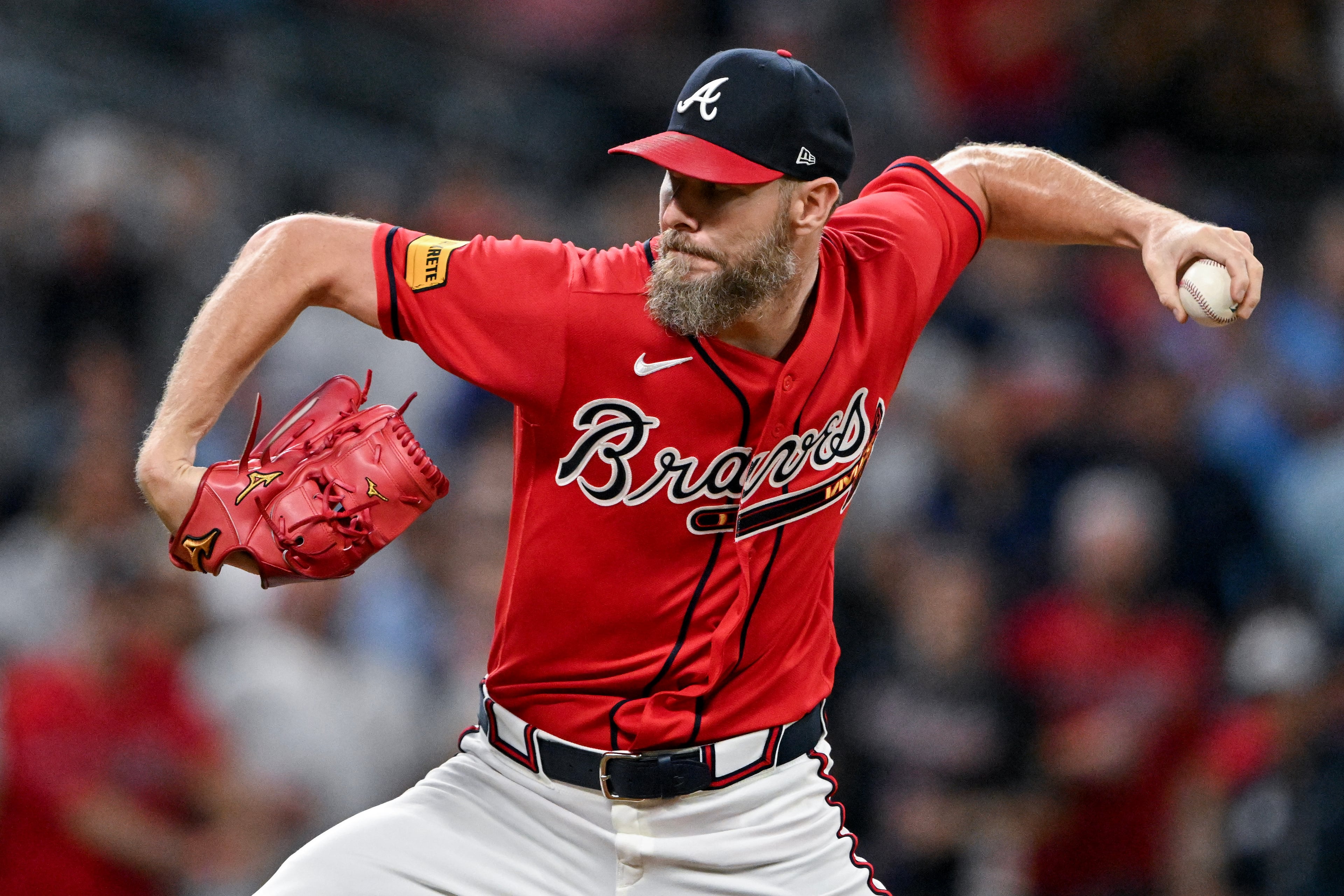 Braves pitcher Chris Sale delivers to a Phillies batter in the eighth inning during Game 3 of their NL Wild Card Series on Thursday, Oct. 1, 2026, in Atlanta. (Hyosub Shin/AJC)