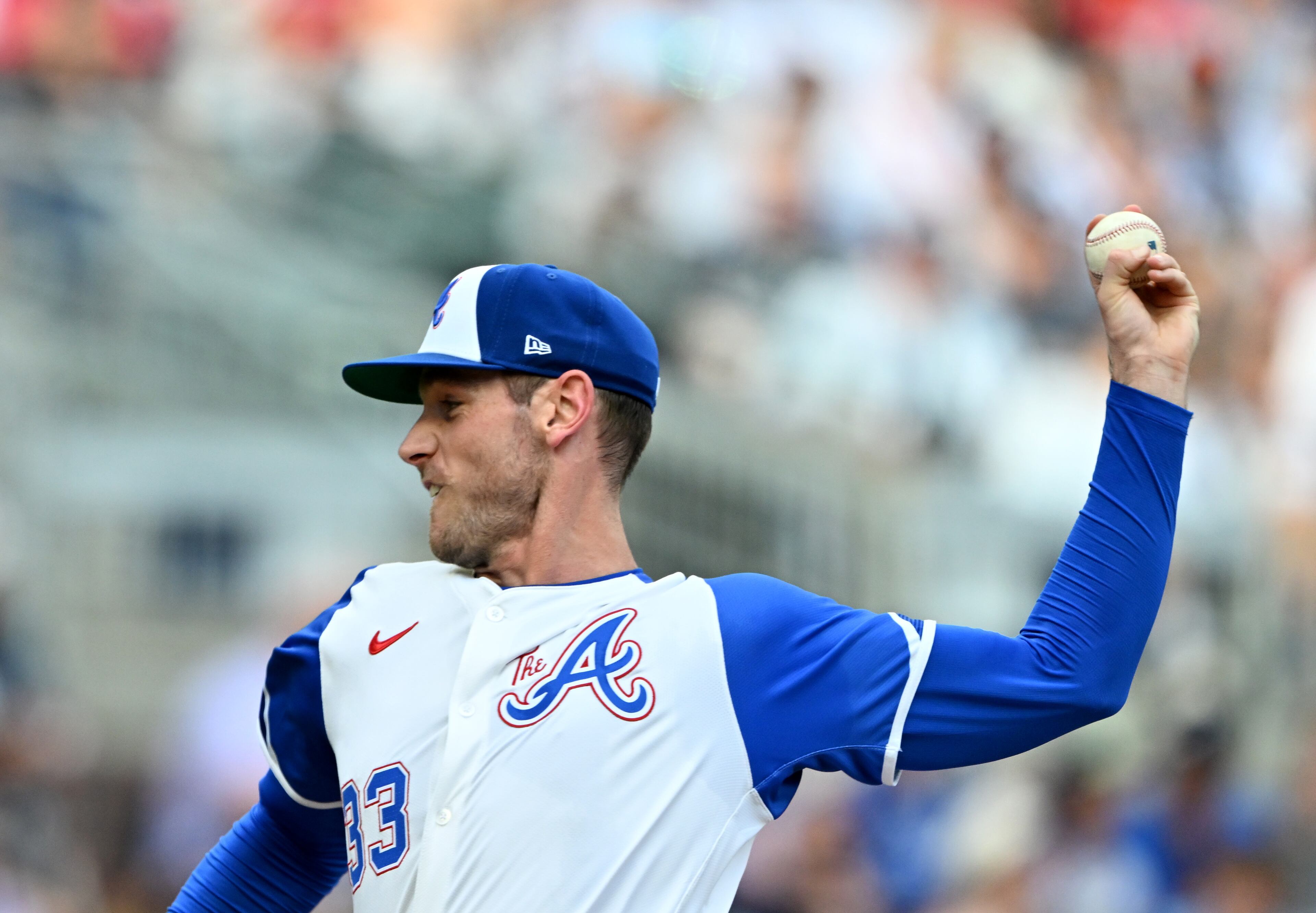 Atlanta Braves pitcher Joey Wentz (33) throws a pitch against New York Yankees during the first inning of a baseball game at Truist Park, Saturday, July 19, 2025, in Atlanta. (Hyosub Shin / AJC)