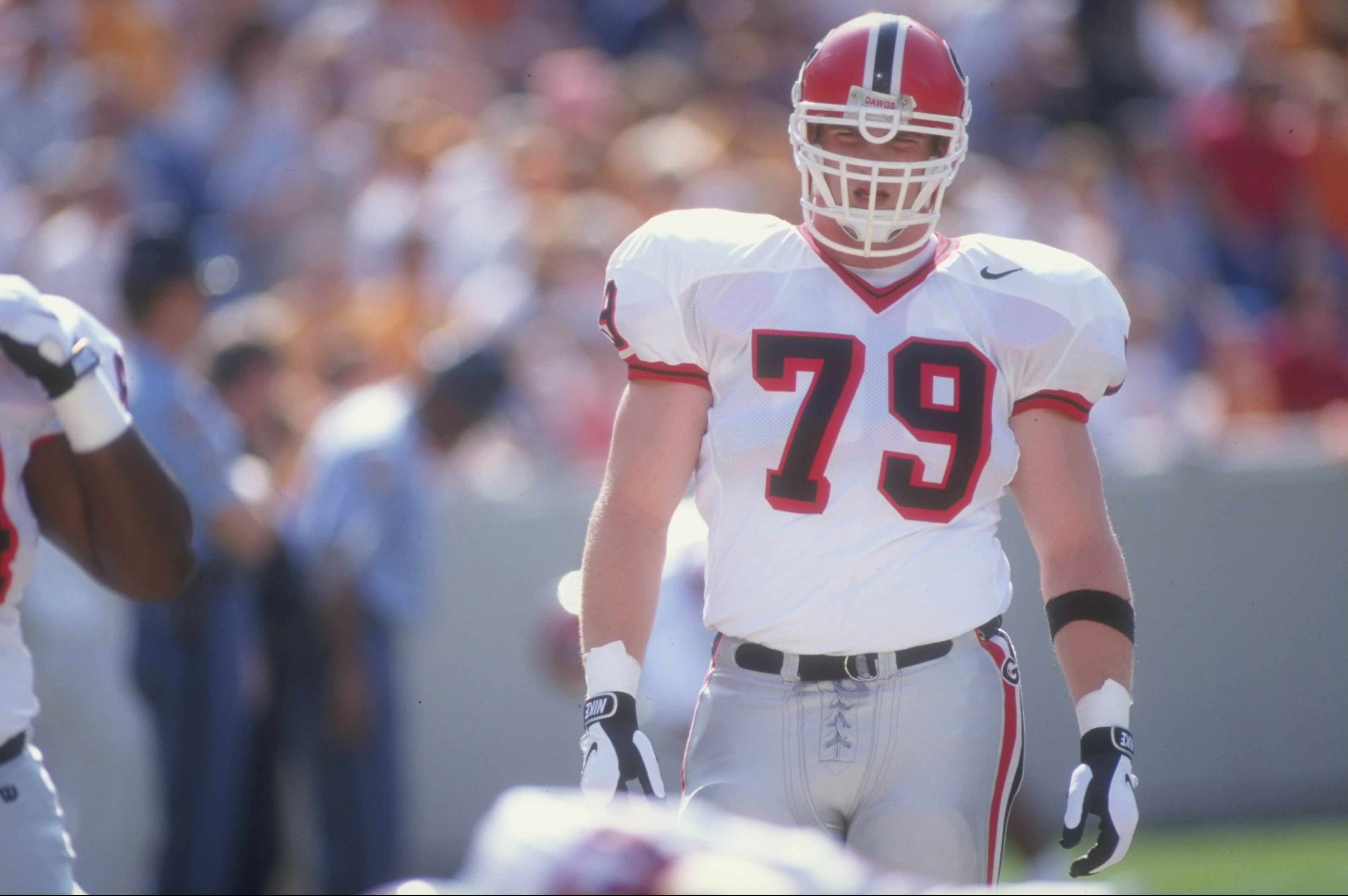 11 Oct 1997: Matt Stinchcomb #79 of the Georgia Bulldogs looks on during a game against the Tennessee Volunteers at the Neyland Stadium in Knoxville, Tennessee. The Volunteers defeated the Bulldogs 38-13. Mandatory Credit: Craig Jones /Allsport