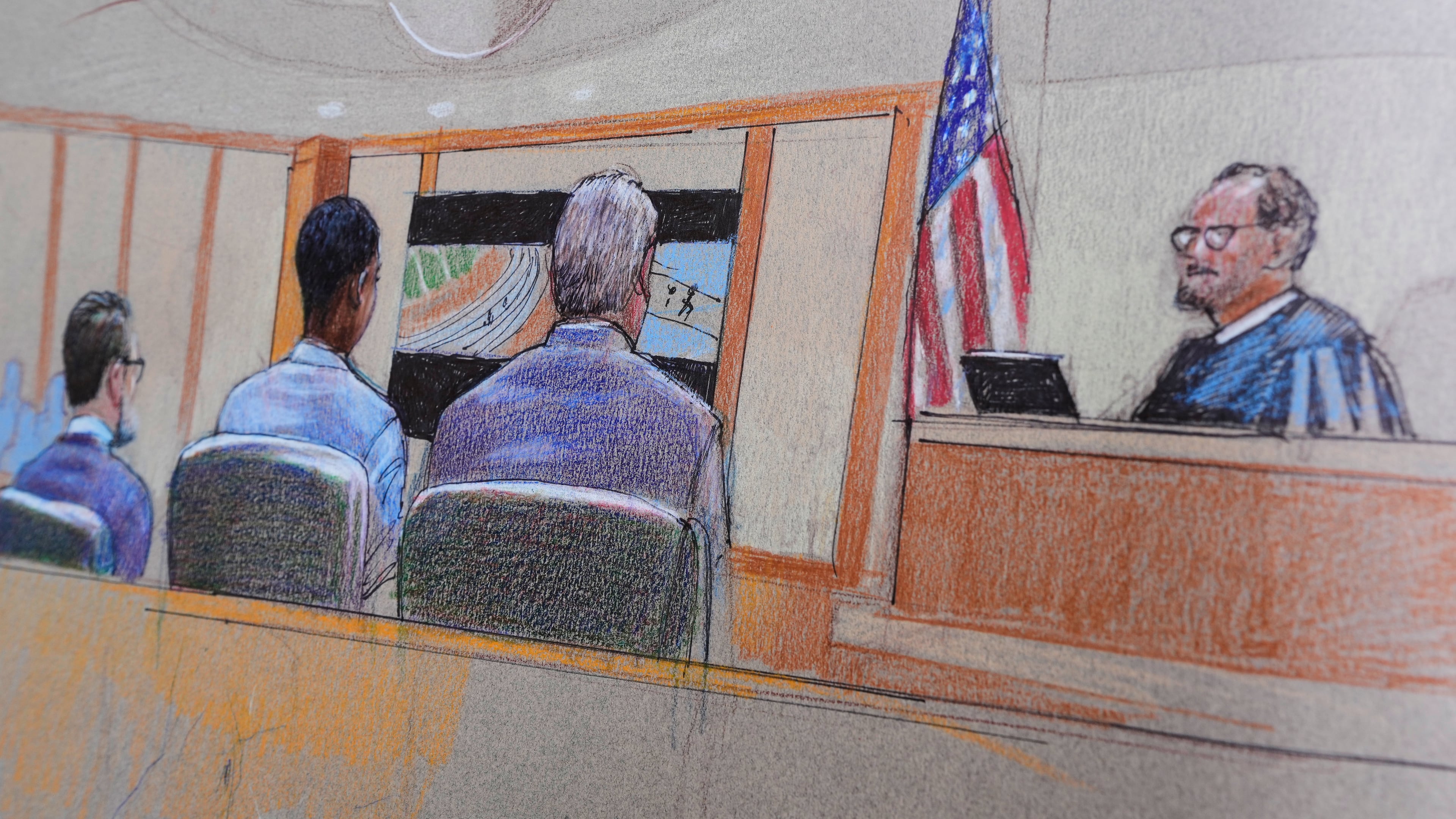 A courtroom sketch, provided by Pat Lopez shows Karmelo Anthony, center, at the defense table, the jury on the left and the presiding judge on the right, on Thursday, June 4, 2026, in McKinney, Texas, during the trial of a teen accused of fatally stabbing another during a track meet in suburban Dallas last year. (Pat Lopez via AP)