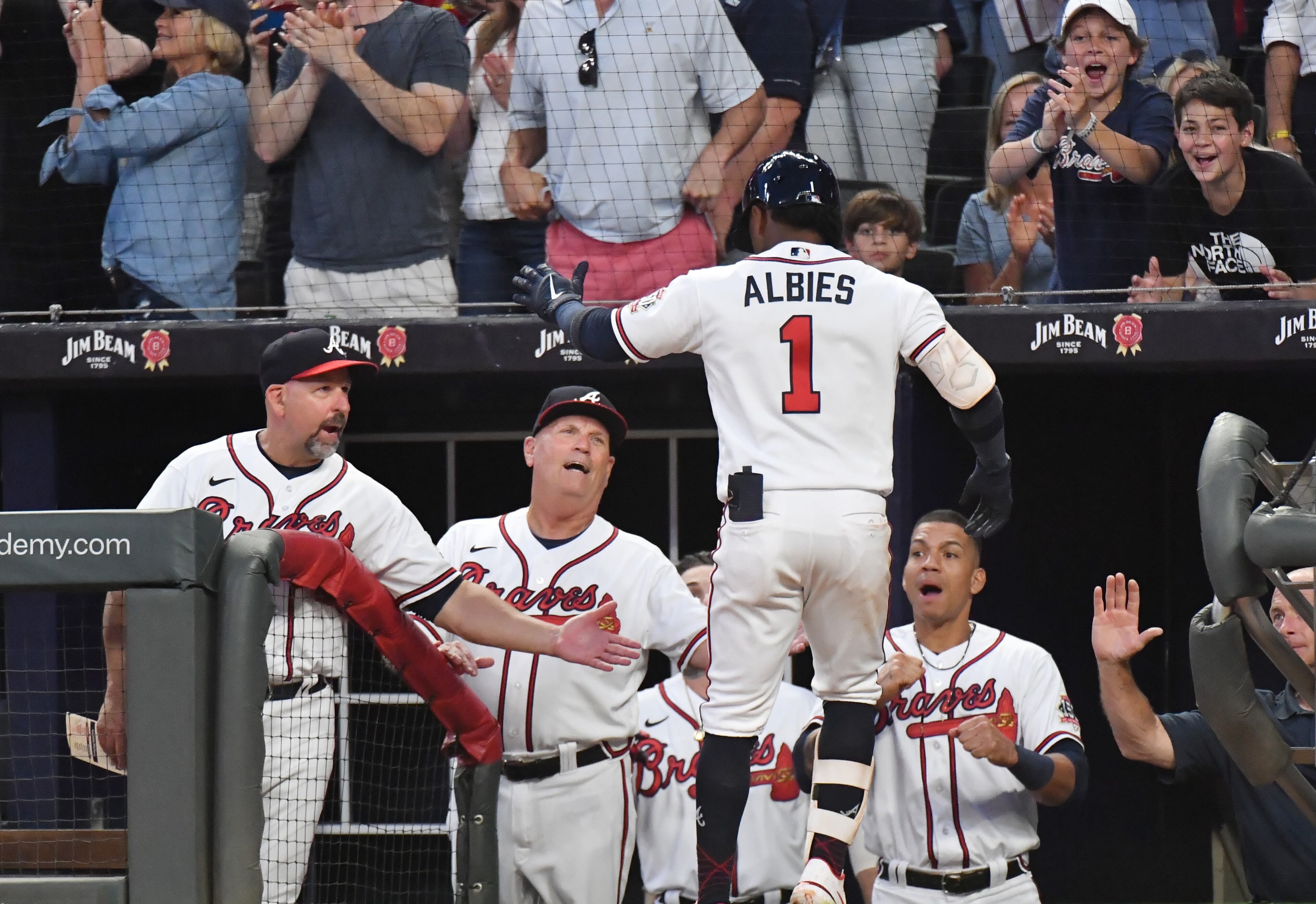 June 29, 2021 Atlanta - Atlanta Braves second baseman Ozzie Albies (1) celebrates after hitting three run home run in the 5th inning at Truist Park on Tuesday, June 29, 2021. New York Mets won 4-3 over Atlanta Braves. (Hyosub Shin / Hyosub.Shin@ajc.com)