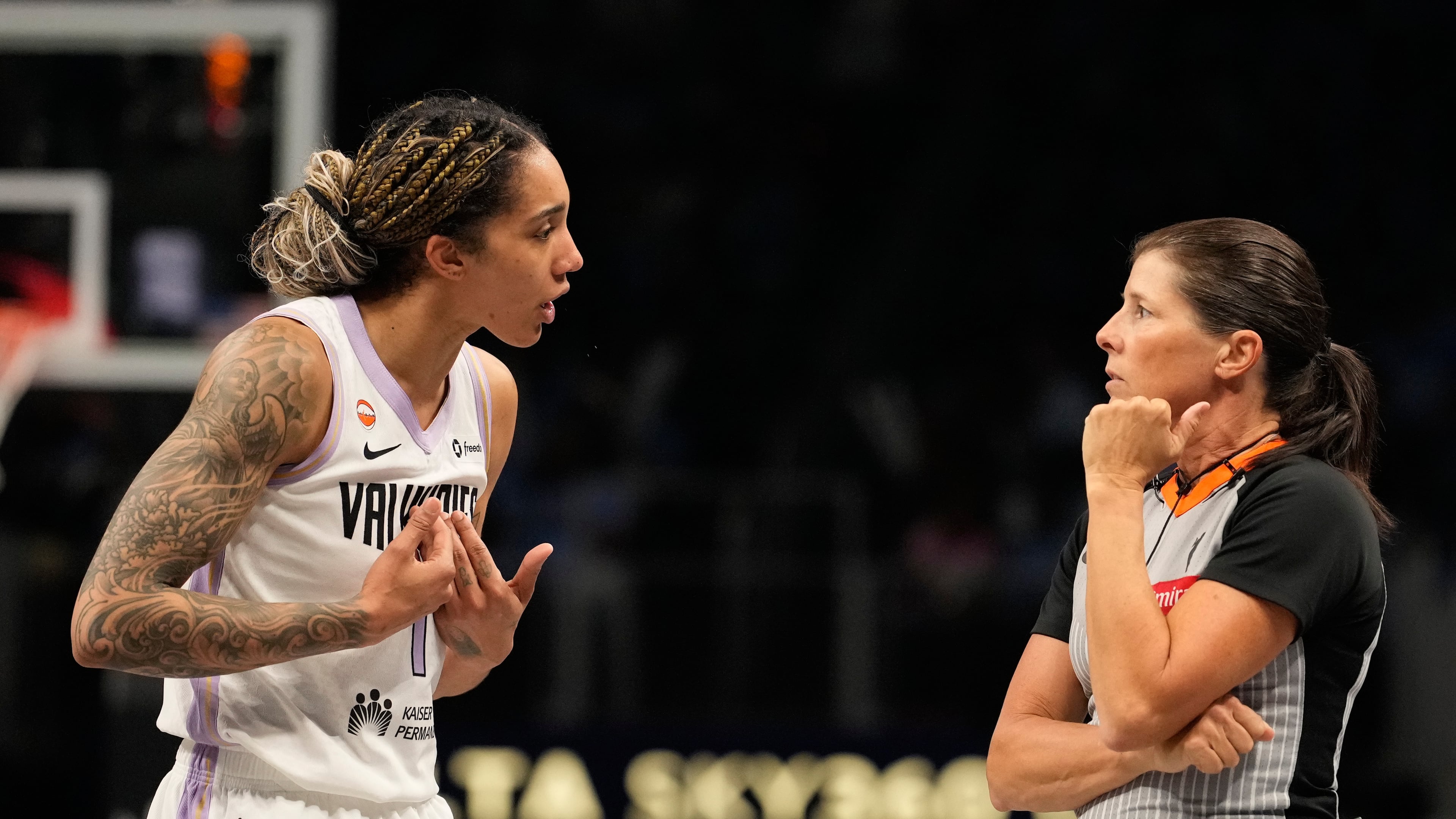 Golden State Valkyries forward Gabby Williams (1) talks with a referee during the second half of Game 3 of the WNBA basketball finals against the Atlanta Dream on Wednesday, Oct. 21, 2026, in Atlanta. (AP Photo/Brynn Anderson)
