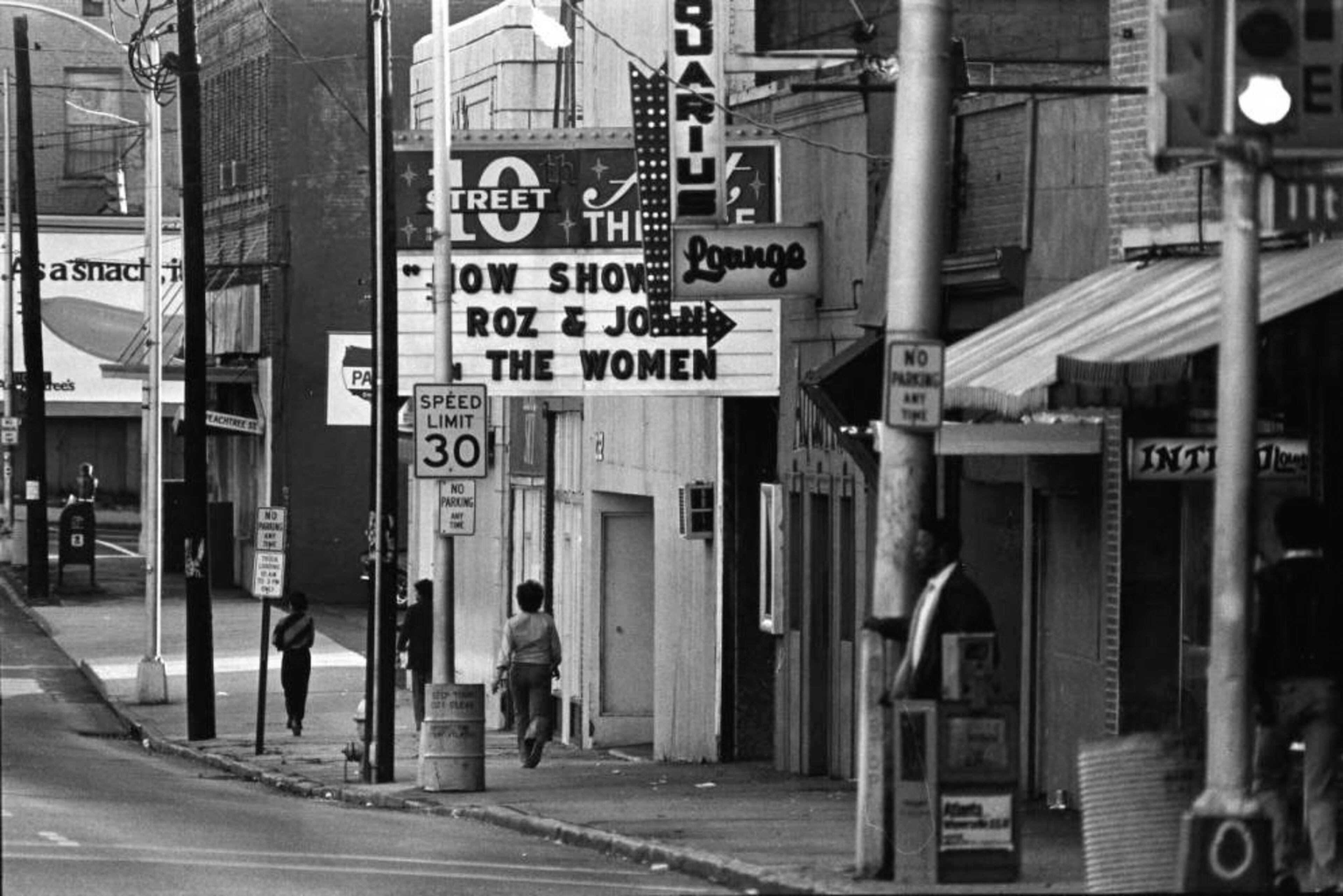 'The Strip' on Peachtree and 10th Street, November 1978. From the original caption: "Many runaways who come to Atlanta head for 'The Strip' at Peachtree and 10th."