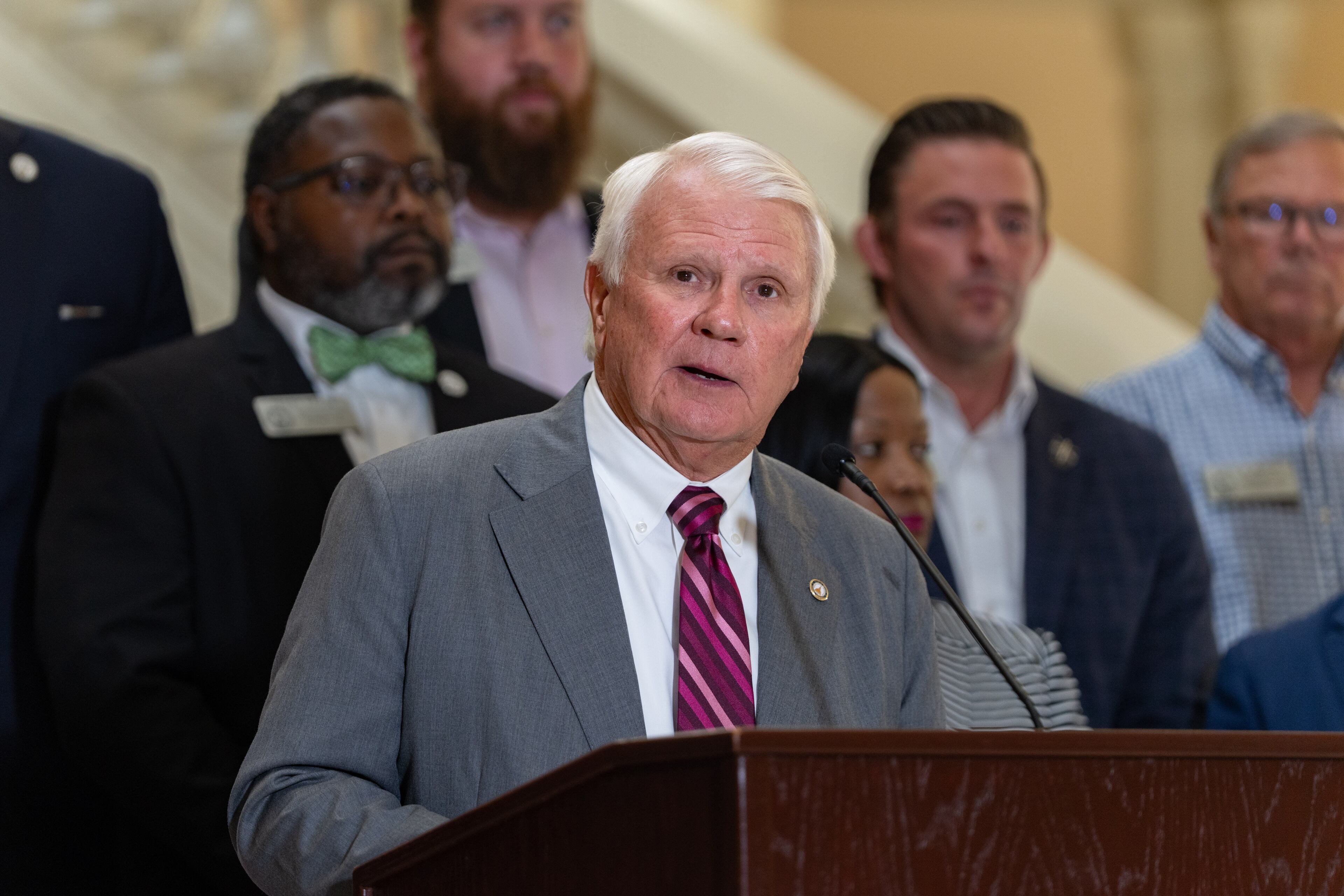 Georgia House Speaker Jon Burns speaks in the State Capitol to pray for the victims of the Guadalupe River flooding in Texas, Wednesday, July 16, 2025. (Ben Hendren for the AJC)