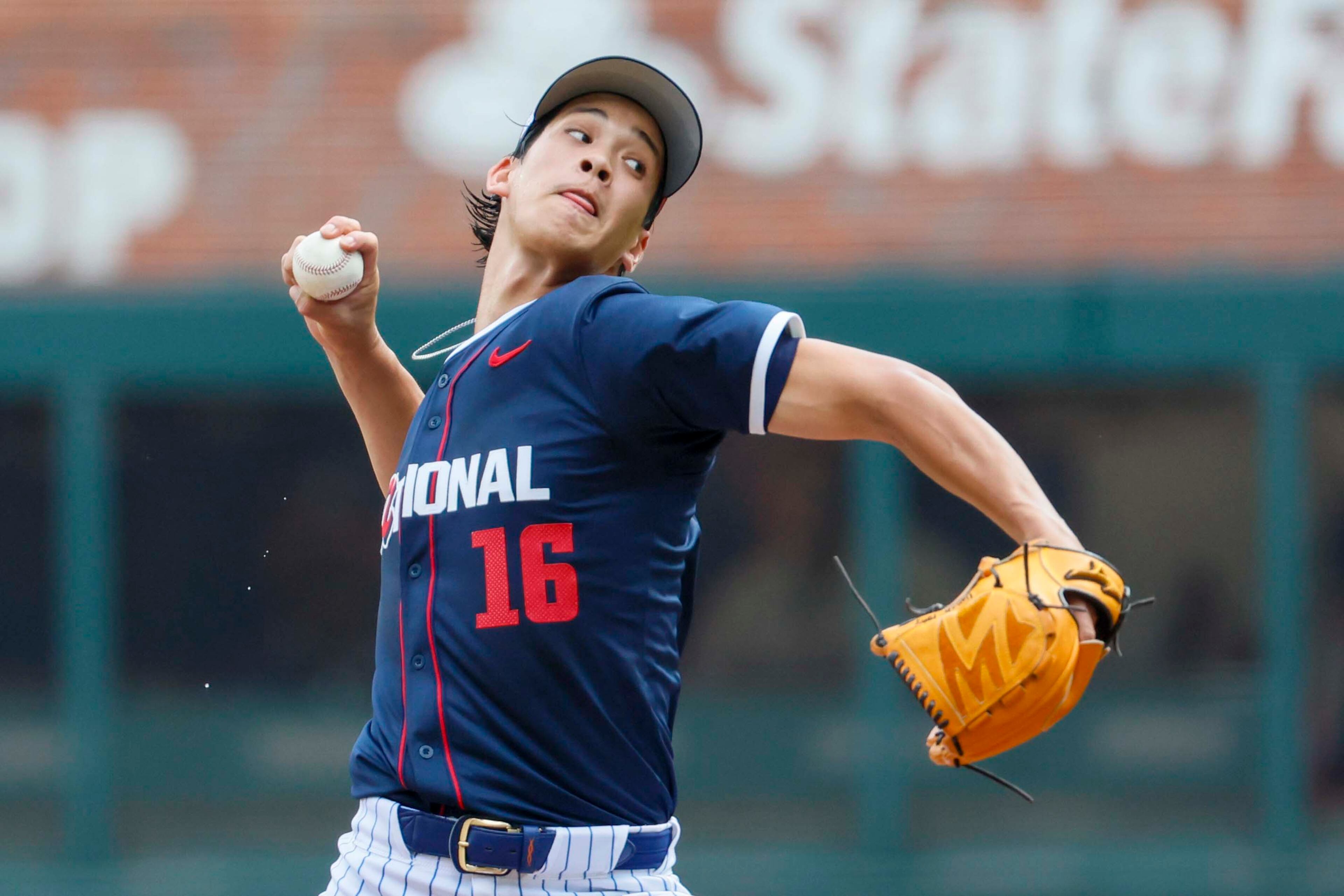 National League pitcher Jonah Tong (16) of the New York Mets delivers a pitch to a American League batter during the MLB All-Star Futures Game at Truist Park on Saturday, July 12, 2025, in Atlanta.
(Miguel Martinez/ AJC)