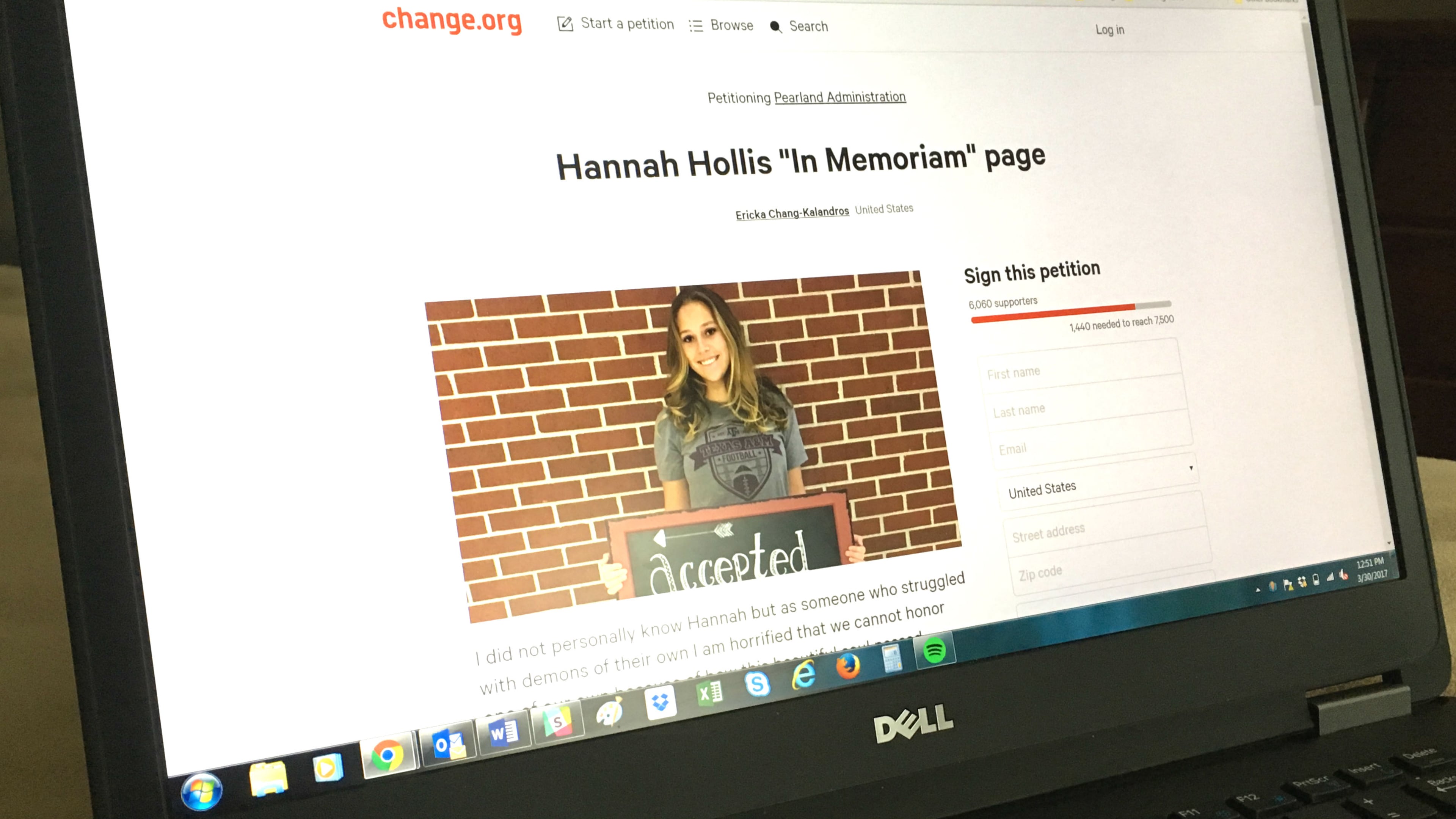 A petition urging Pearland, Texas, school administrators to allow a yearbook memorial page for Pearland High School senior Hannah Hollis, who killed herself March 19, was signed more than 6,000 times.