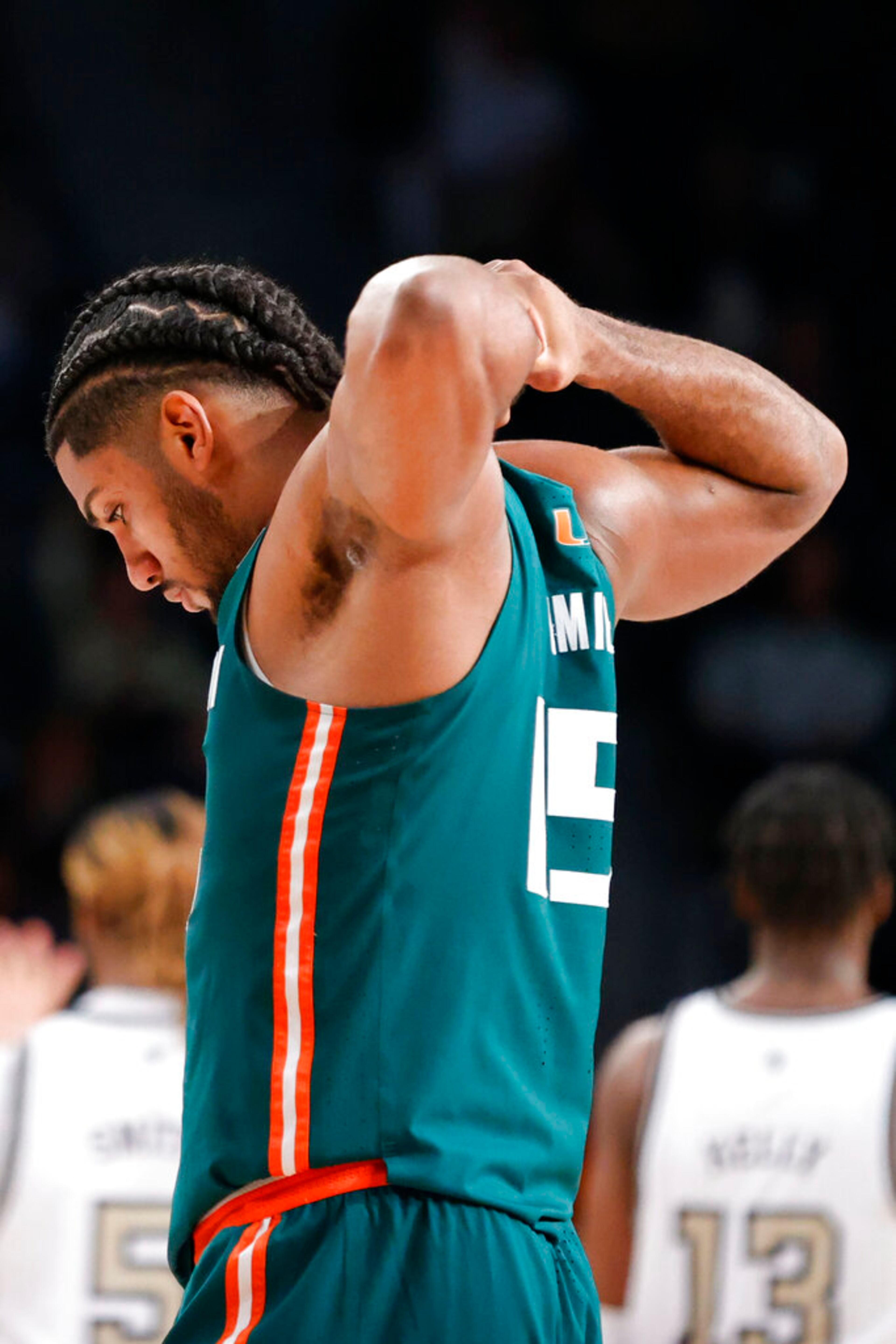 Miami forward Norchad Omier reacts after fouling out during the second half of the team's NCAA college basketball game against Georgia Tech on Wednesday, Jan. 4, 2023, in Atlanta. Georgia Tech won 76-70. (AP Photo/Alex Slitz)