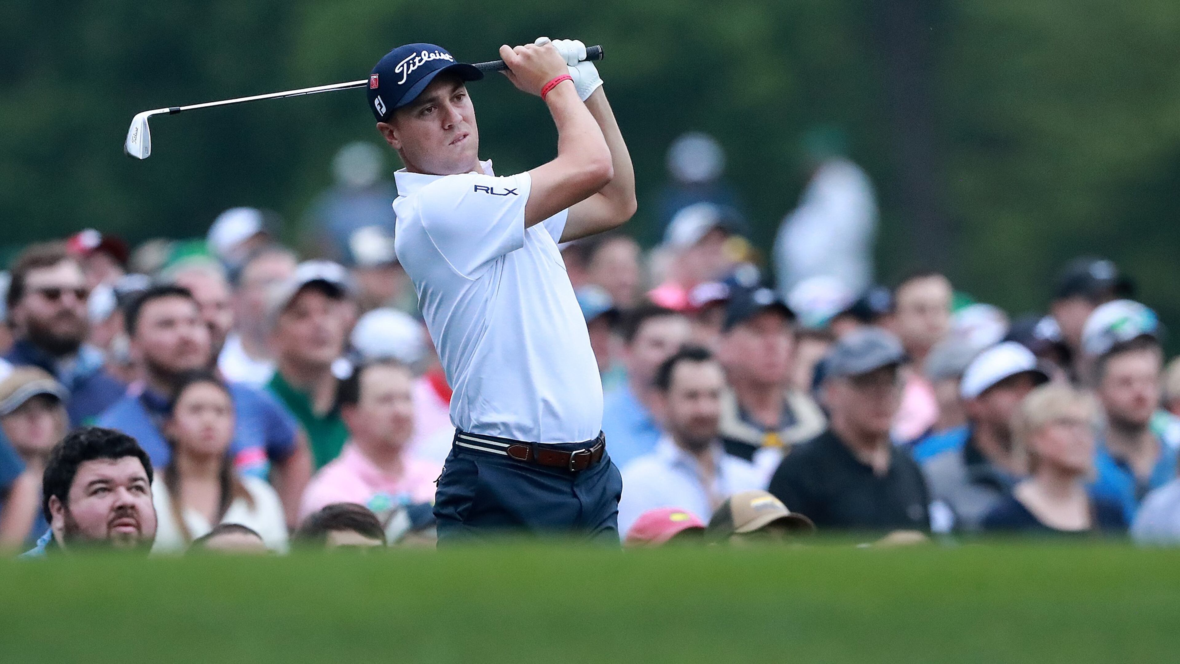 Justin Thomas tees off on the 12th hole during his practice round Monday, April 8, 2019, for the Masters at Augusta National Golf Club in Augusta.