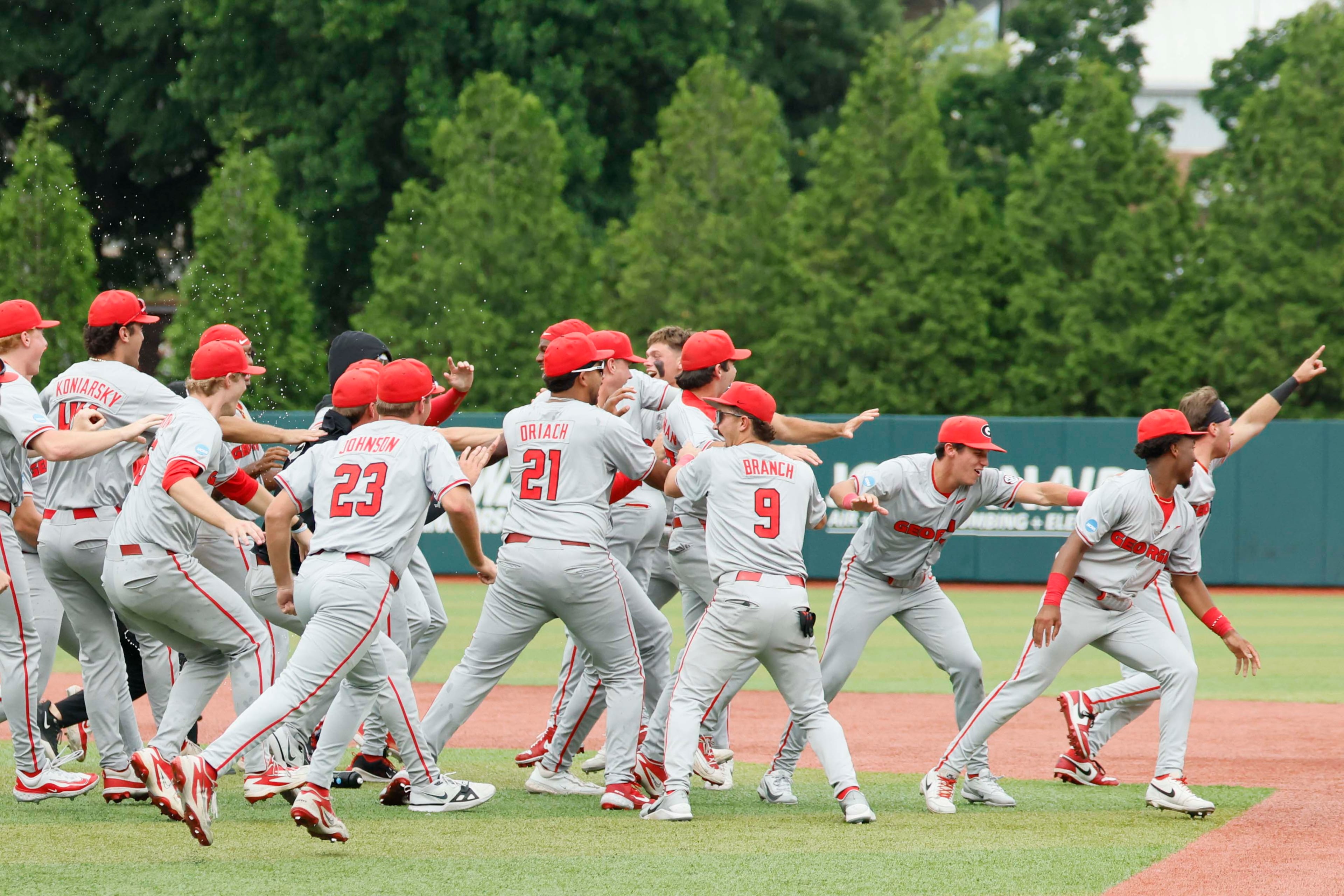 Georgia Bulldogs players celebrate after winning the NCAA Super Regional series by defeating the Mississippi State Bulldogs 11-9 at Foley Field on Sunday, June 7, 2026, in Athens.
Miguel Martinez/AJC)