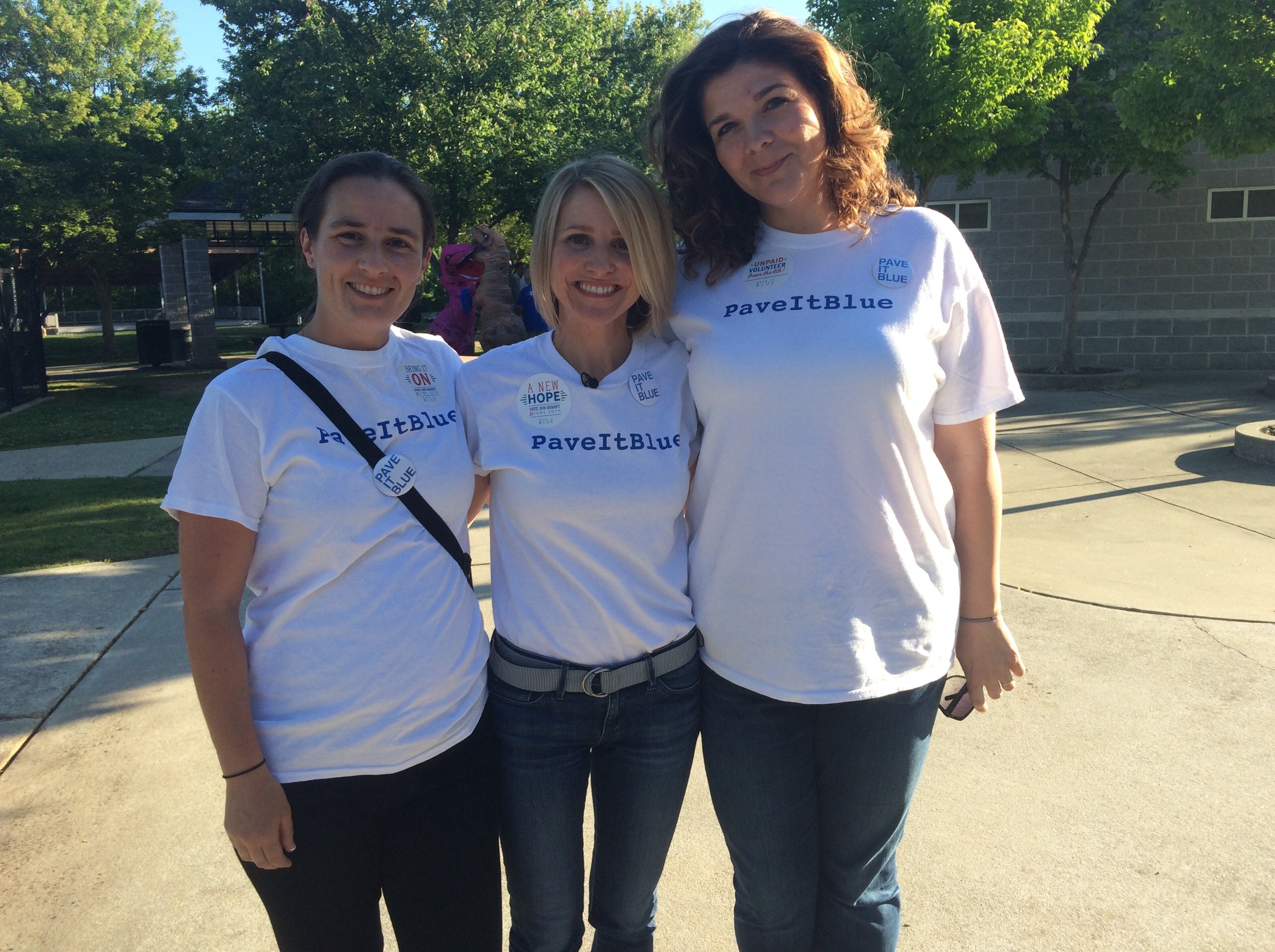 (l-r) Lesley Bauer, Jen Cox and Sarah Clegg Crawford pause in Roswell's Riverside Park Tuesday evening during an al-fresco cavassing effort by members of Pave It Blue. The three women started the all-women grassroots organization on March 10 and are credited with helping Democrat Jon Ossoff's finish at the top of a n 18-candidate field in the 6th Congressional District special election. With that headed to a runoff in June, Pave was at the park spreading the word about the date and Ossoff's candidacy. Photo by Jill Vejnoska/jvejnoska@ajc.com