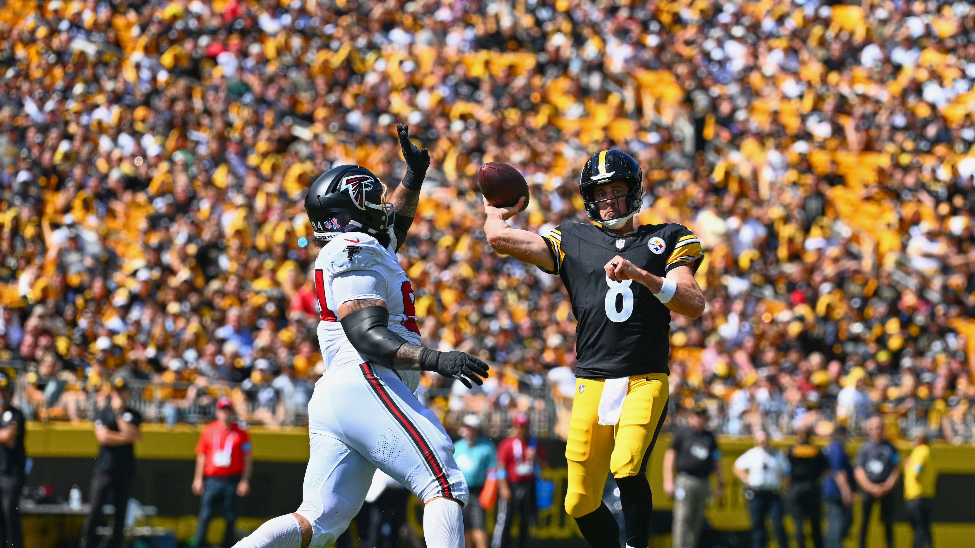 Pittsburgh Steelers quarterback Aaron Rodgers looks to pass during an NFL football game against the Atlanta Falcons, Sunday, Sept. 13, 2026, in Pittsburgh. (Justin Berl/AP))