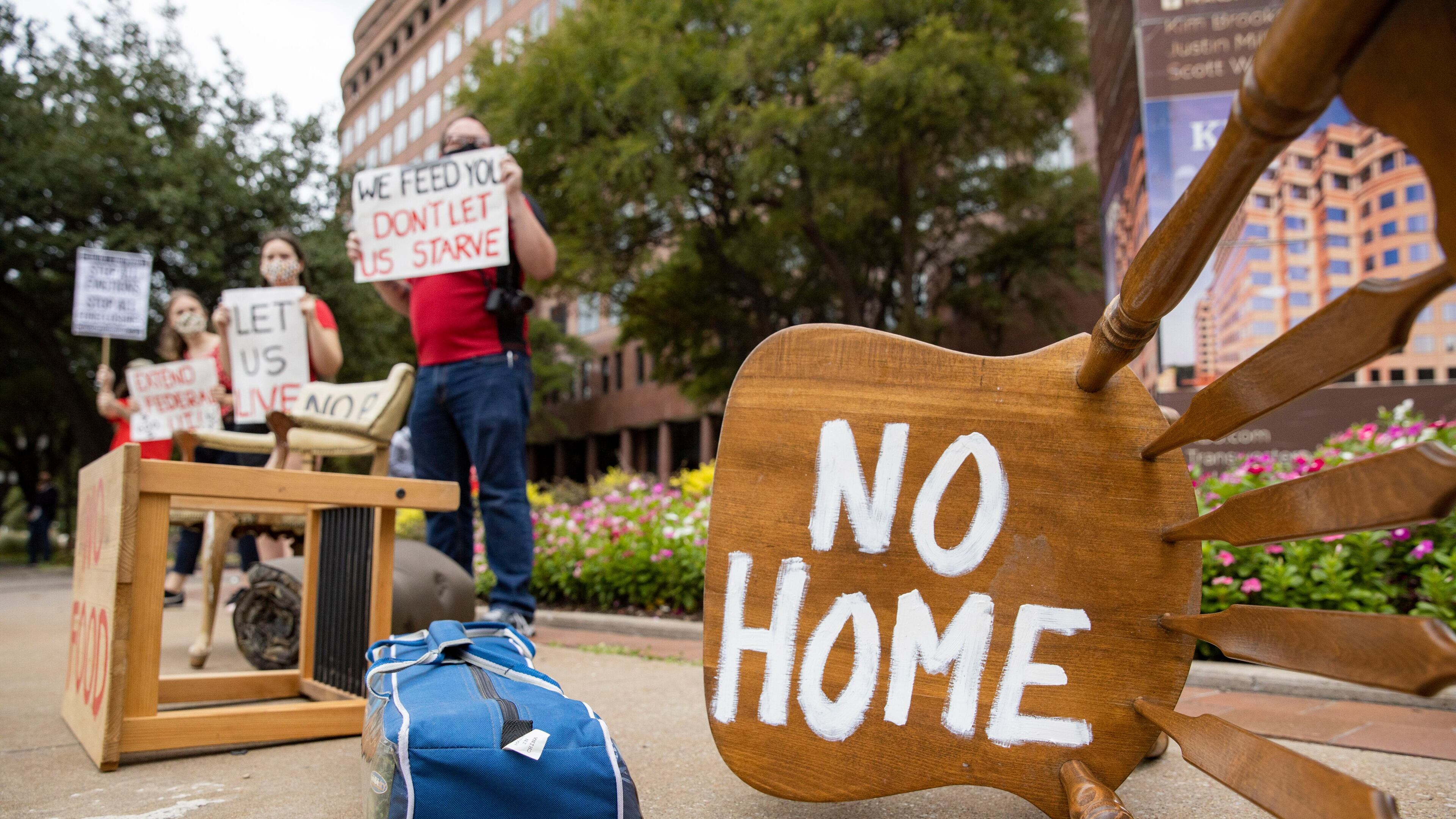 Protesters rally in Texas in September. The latest stimulus bill extends eviction protections and includes billions in rental assistance for Americans struggling to make rent during the pandemic. (Juan Figueroa/The Dallas Morning News/TNS)