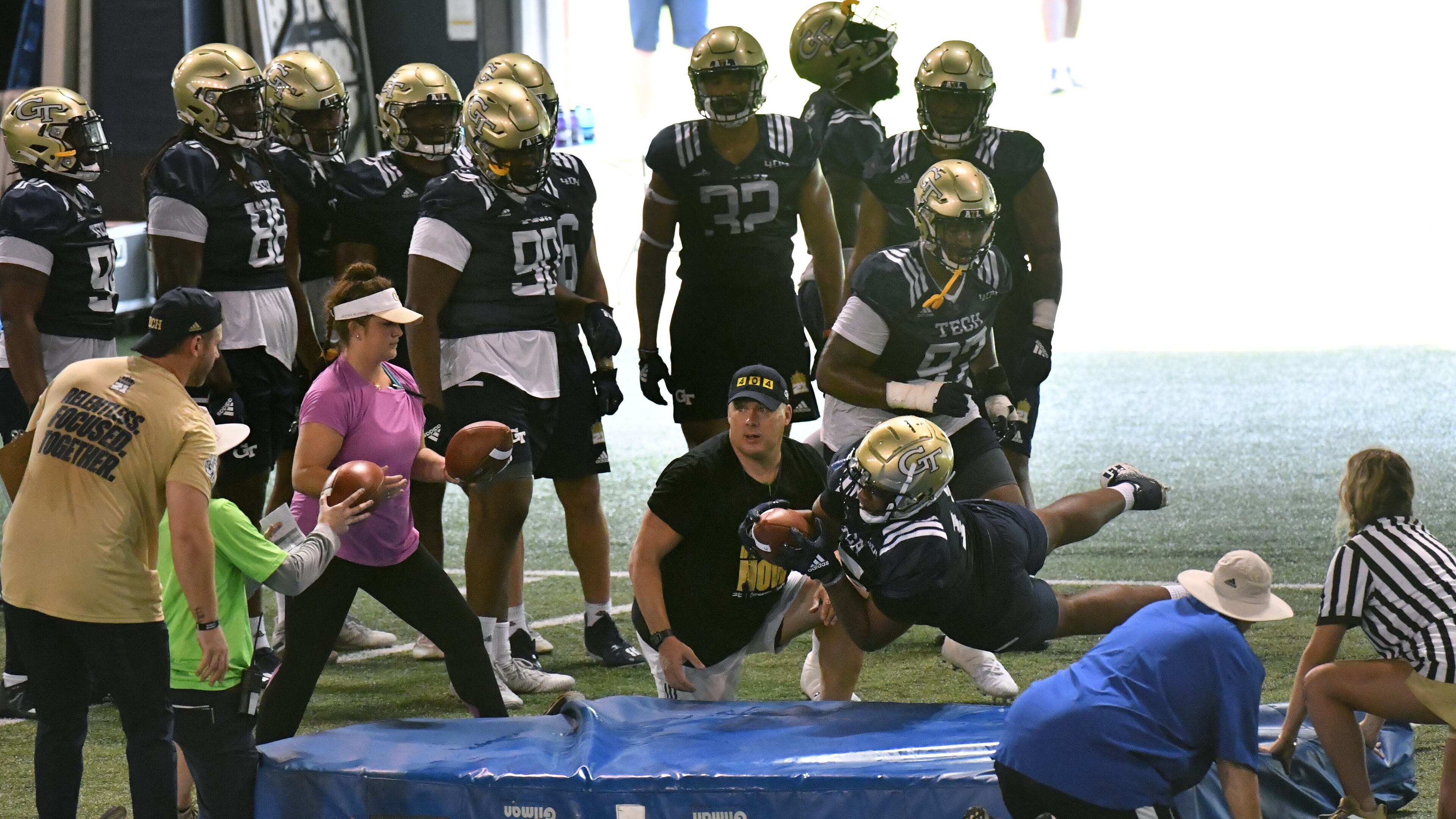 Georgia Tech coach Geoff Collins instructs during a football practice at Rose Bowl Field on Georgia Tech campus on Friday, August 6, 2021. (Hyosub Shin / Hyosub.Shin@ajc.com)