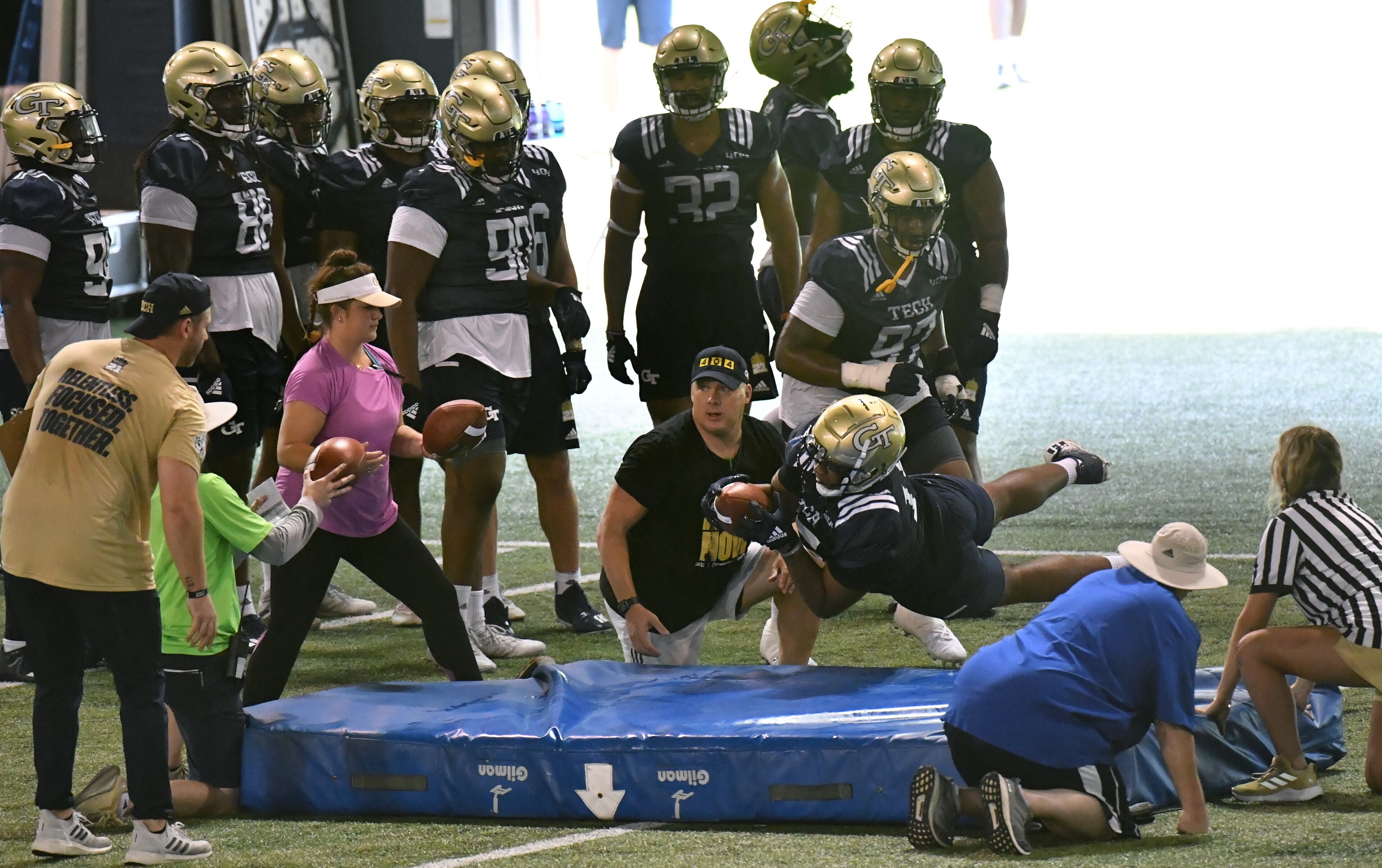 Georgia Tech's head coach Geoff Collins instructs during a football practice at Rose Bowl Field on Georgia Tech Campus in Atlanta on Friday, August 6, 2021. (Hyosub Shin / Hyosub.Shin@ajc.com)