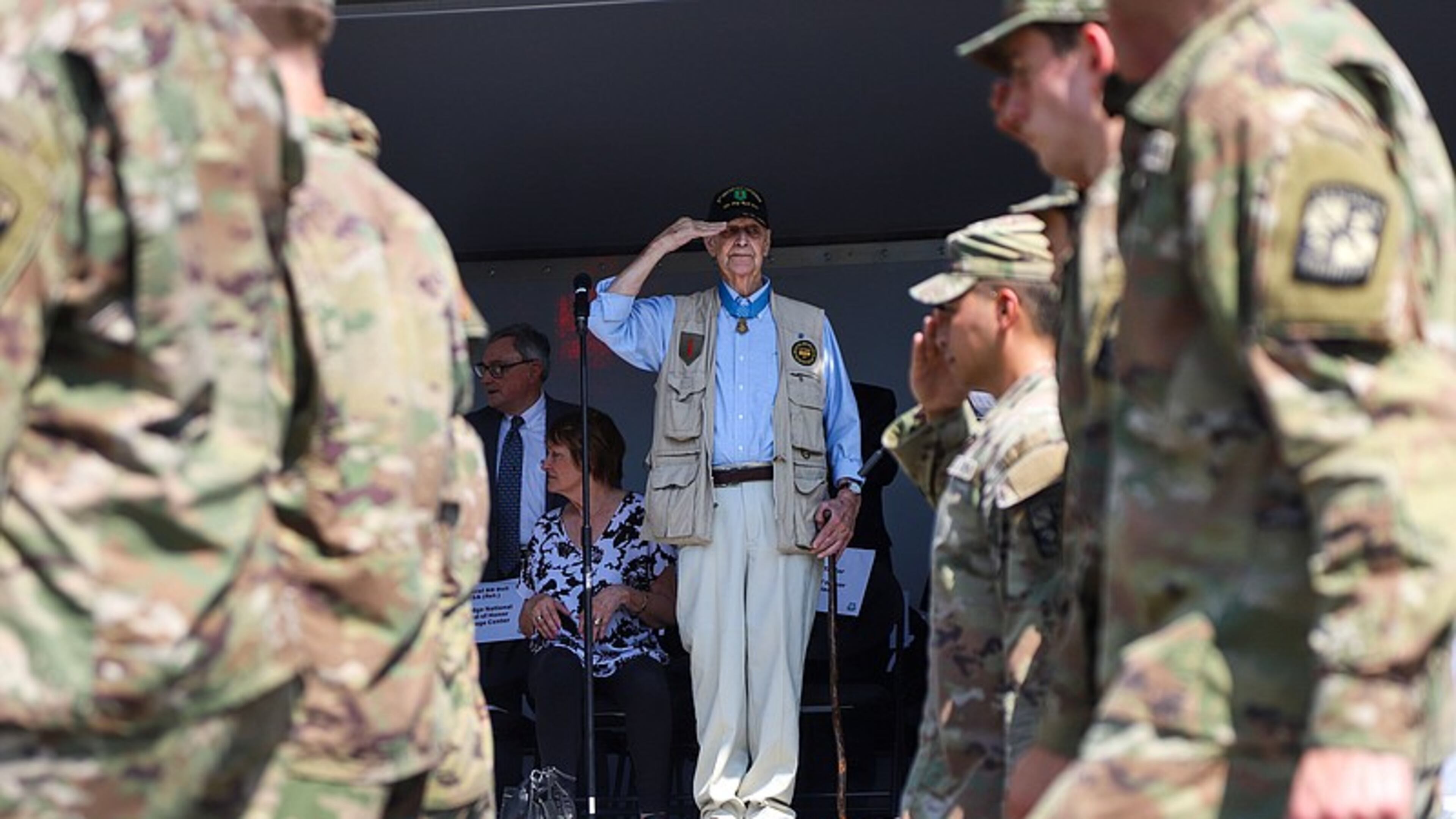 Larry Taylor salutes as UT Chattanooga’s ROTC walks in the parade. The Coolidge National Medal of Honor Heritage Center, city of Chattanooga, Hamilton County and Chattanooga Area Veterans Council held a “Welcome Home” parade for new Medal of Honor recipient Larry Taylor of Signal Mountain. (Photo Courtesy of Olivia Ross)