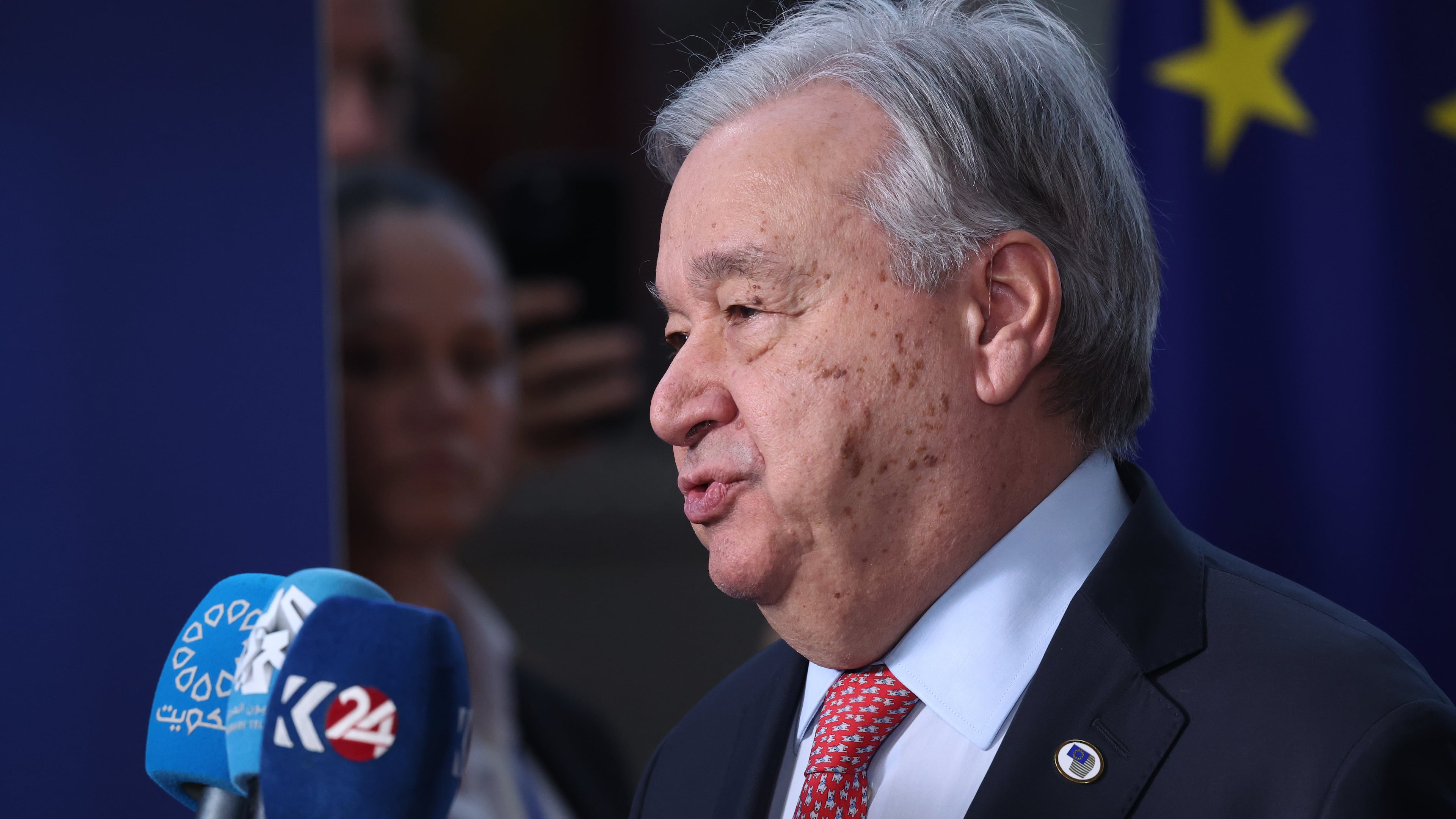 FILE - United Nations Secretary-General Antonio Guterres delivers a statement during a media conference at the EU summit in Brussels, March 19, 2026. (AP Photo/Omar Havana, File)