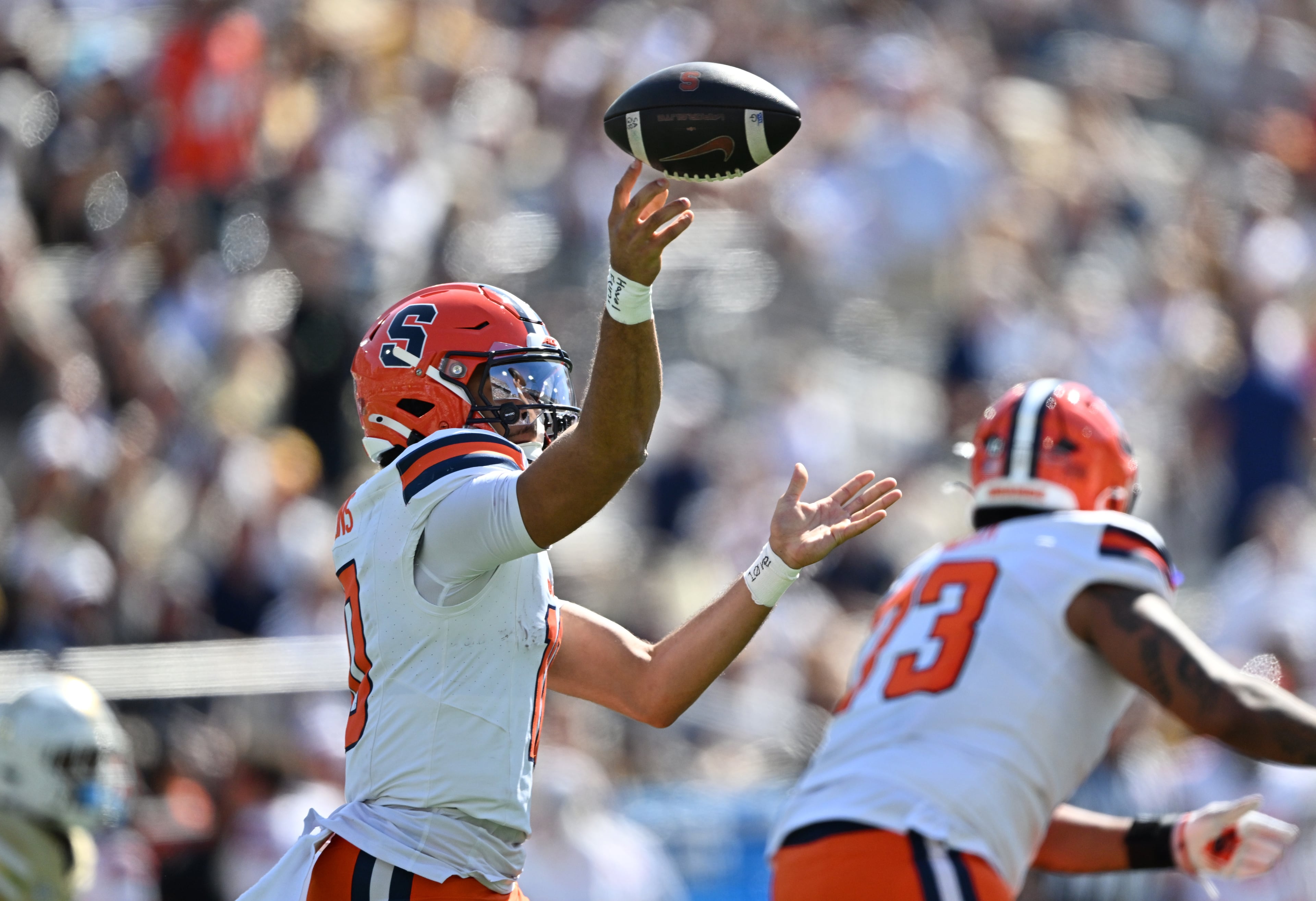 Syracuse quarterback Rickie Collins gets off a pass during the first half of an NCAA college football game at Bobby Dodd Stadium, Saturday, Oct. 25, 2025 in Atlanta. (Hyosub Shin/AJC)