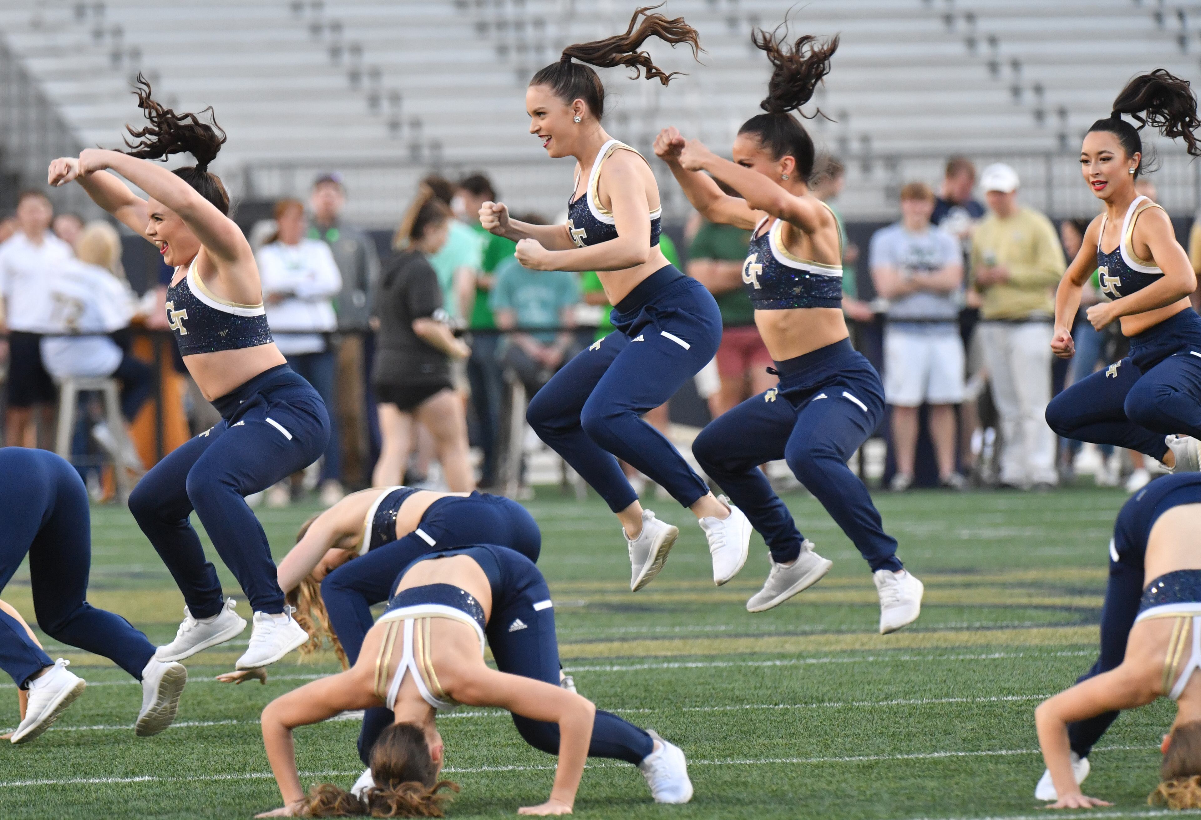 Georgia Tech's Goldrush Dance Team performs during the 2022 Spring Game at Georgia Tech's Bobby Dodd Stadium in Atlanta on Thursday, March 17, 2022. (Hyosub Shin / Hyosub.Shin@ajc.com)