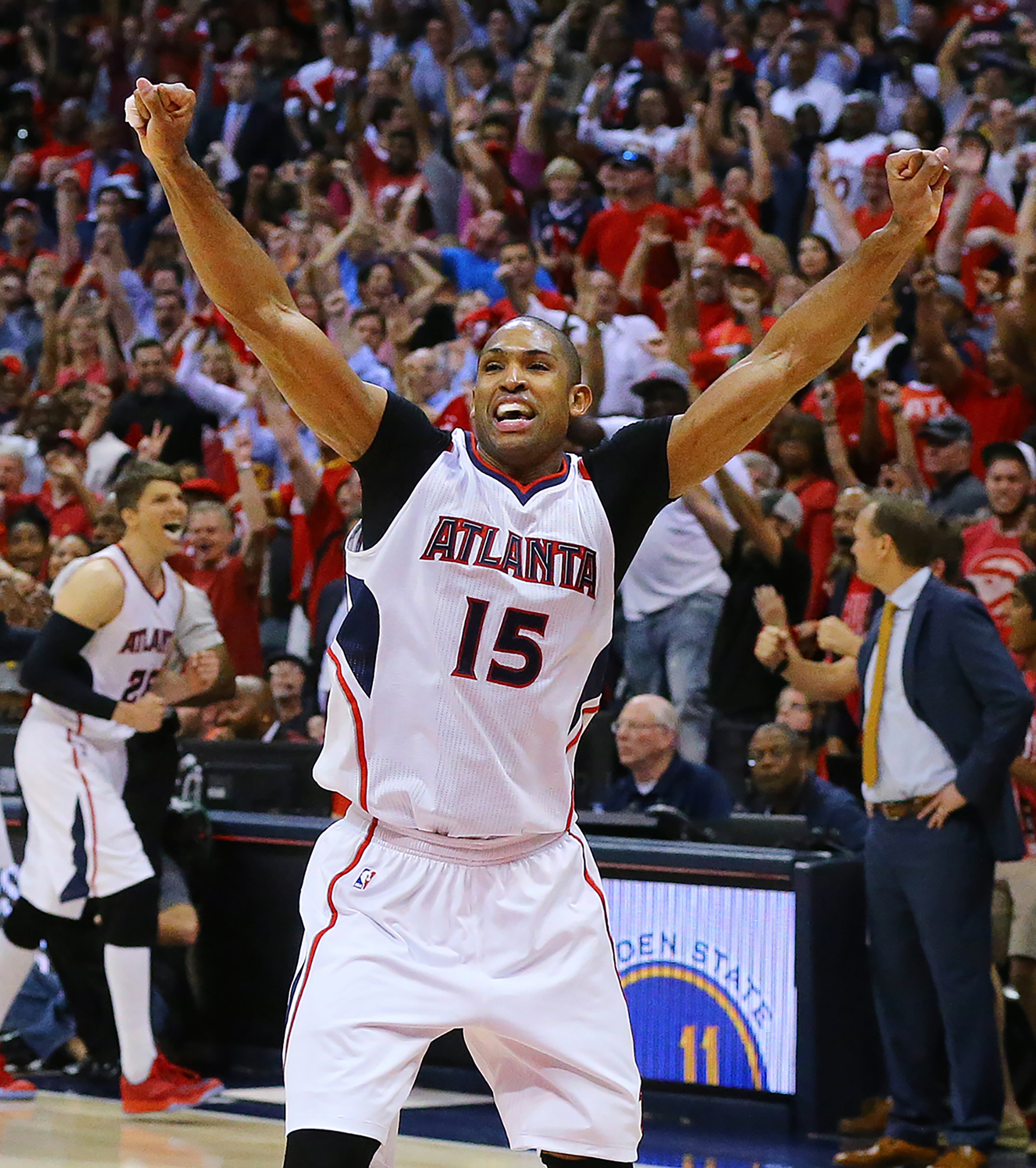 Hawks center Al Horford reacts after hitting the game-winning shot to beat the Wizards 82-81 in their Eastern Conference semifinals game 5 on Tuesday, May 13, 2015, in Atlanta. Curtis Compton / ccompton@ajc.com