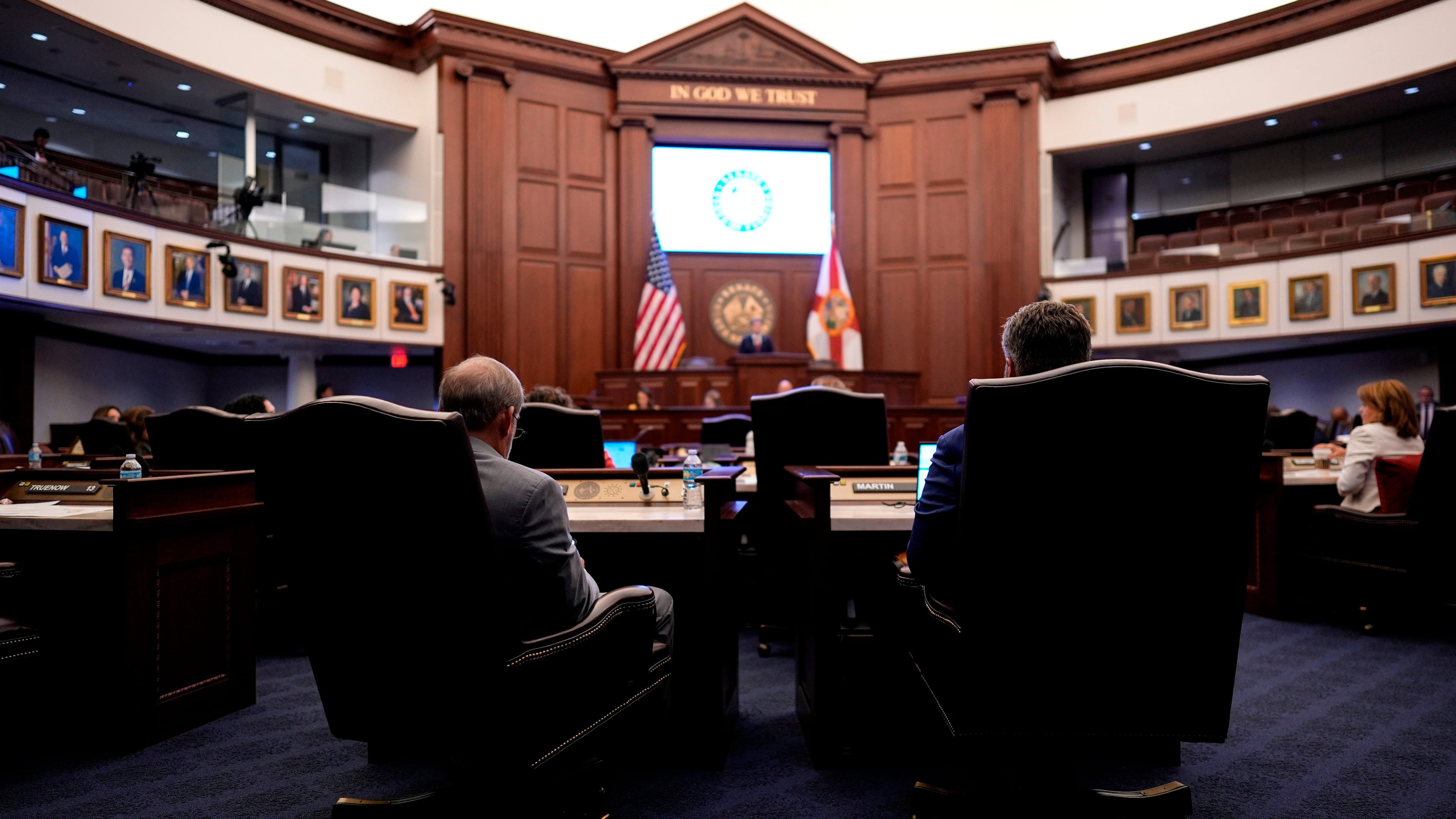 FILE - State Senators listen to debate on SB 8-D, a redistricting bill, during a special session of the Florida Legislature, April 29, 2026, in Tallahassee, Fla. (AP Photo/Mike Stewart, File)