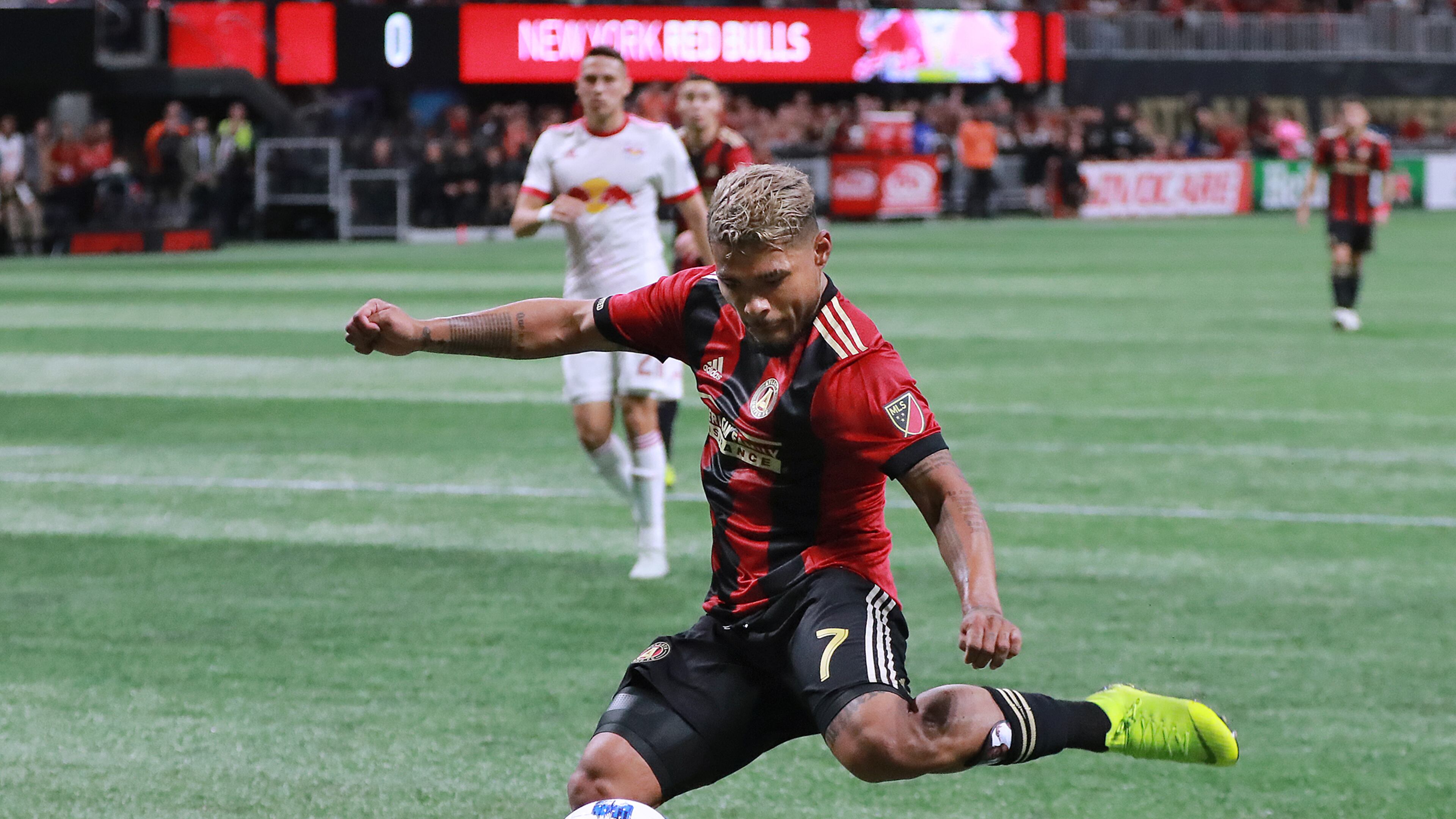 Atlanta United forward Josef Martinez scores a goal against the New York Red Bulls for a 1-0 lead during the first half in their Eastern Conference finals MLS soccer game on Sunday, Nov. 25, 2018, in Atlanta. Curtis Compton/ccompton@ajc.com