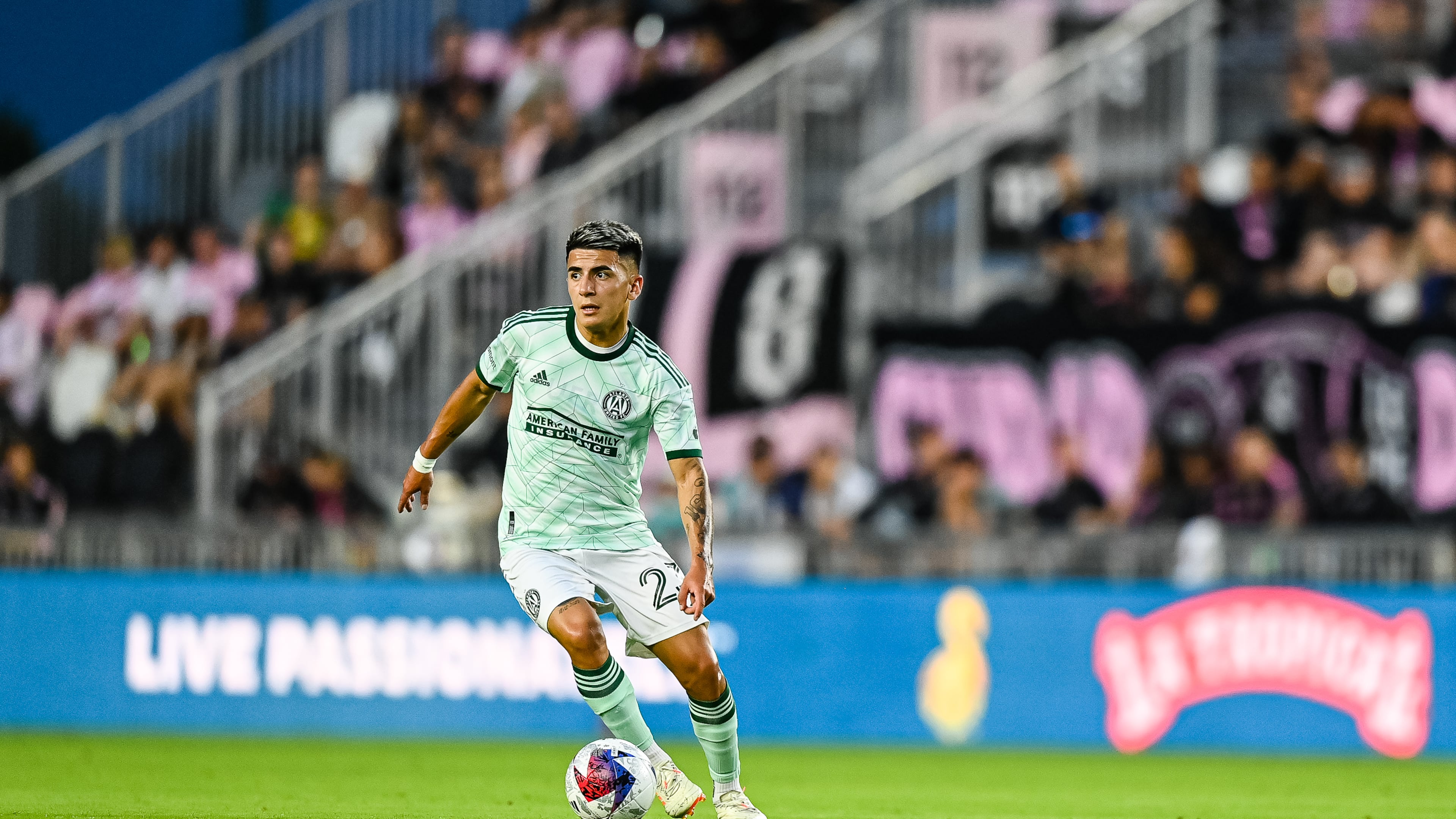 Atlanta United midfielder Thiago Almada has the ball during the match against Inter Miami at DRV PNK Stadium in Fort Lauderdale, Florida, on Saturday May 6, 2023. (Photo by Mitchell Martin/Atlanta United)