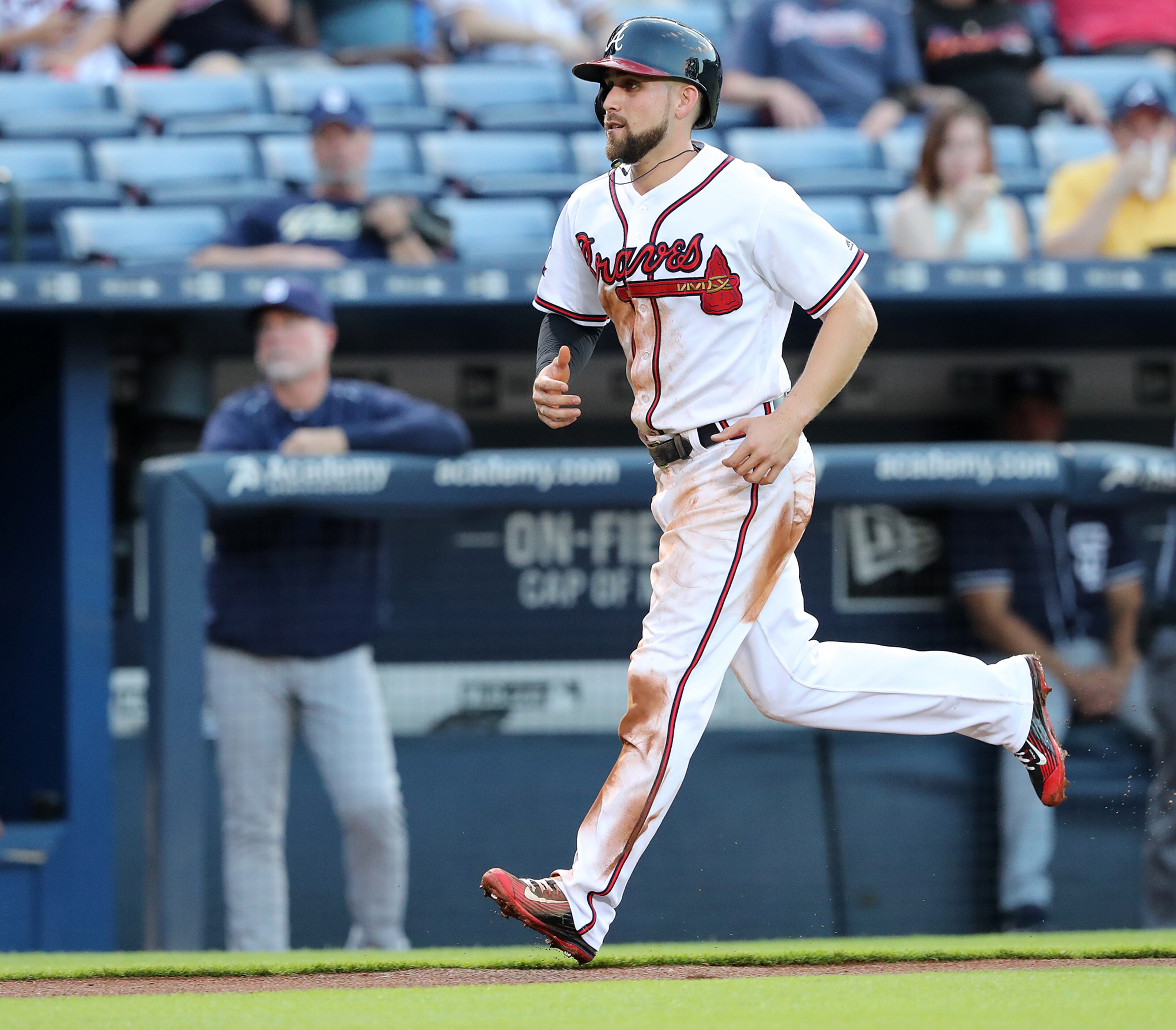 After stealing second and then stealing third, Braves Ender Inciarte runs home to score on a balk by Padres pitcher Paul Clemons for a 1-0 lead during the first inning in a MLB baseball game on Wednesday, August 31, 2016, in Atlanta. Curtis Compton /ccompton@ajc.com