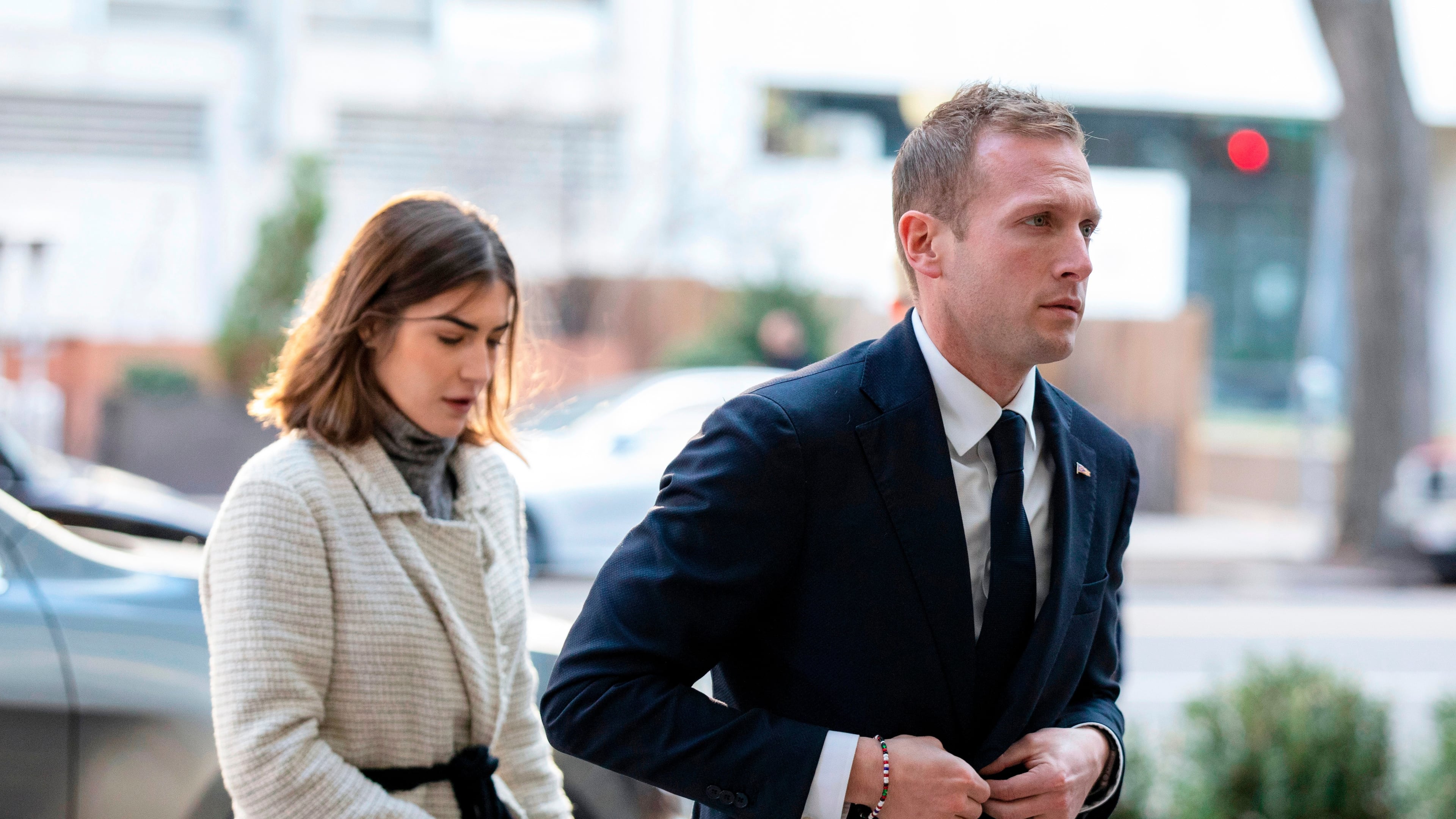 FILE - Rep.-elect Max Miller, R-Ohio, arrives for new member orientation check-in and program registration with Emily Moreno in Washington, Nov. 13, 2022. (AP Photo/Amanda Andrade-Rhoades, File)