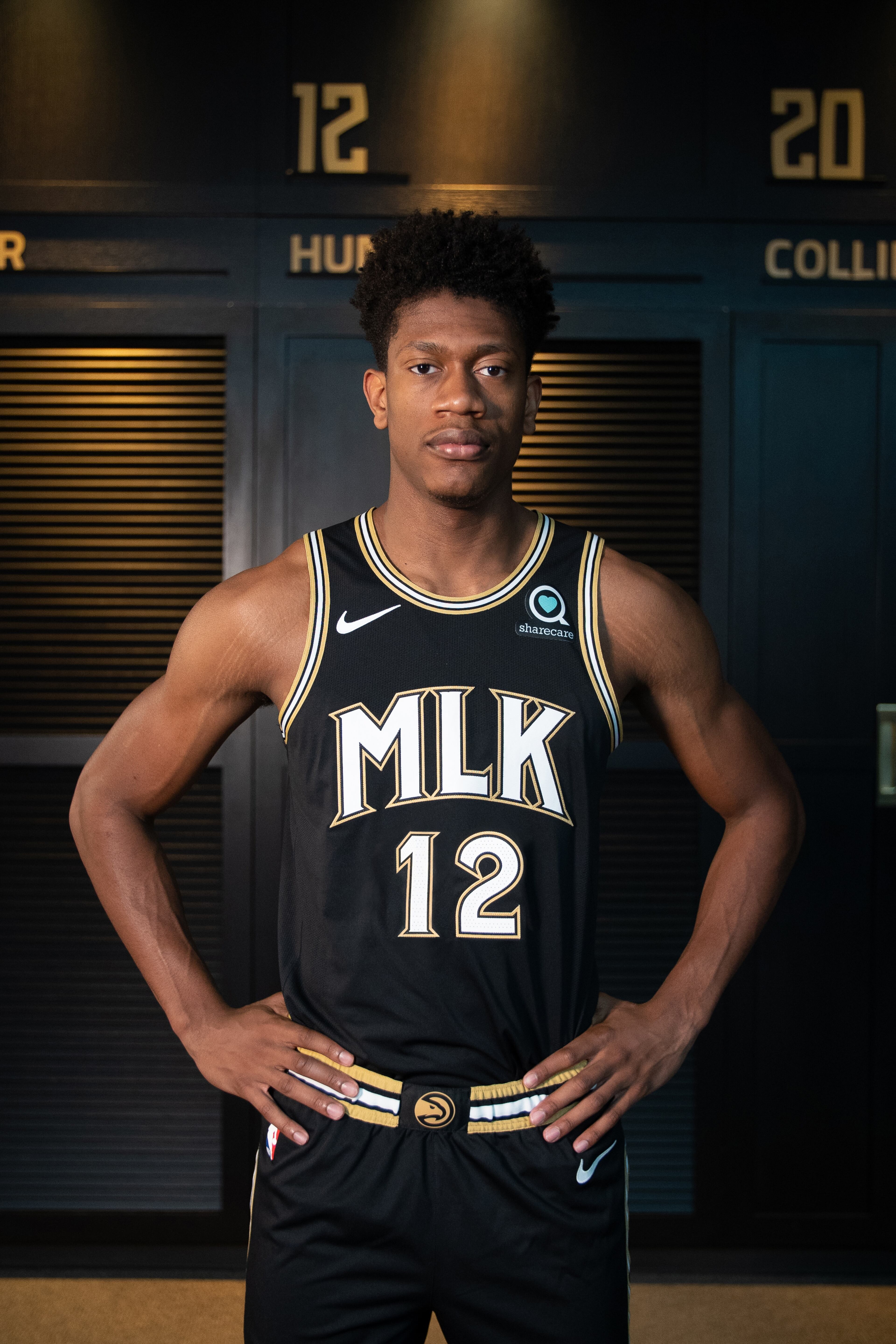 Hawks' De'Andre Hunter models Atlanta's 2020-21 City Edition uniform, which honors the Rev. Martin Luther King Jr.
