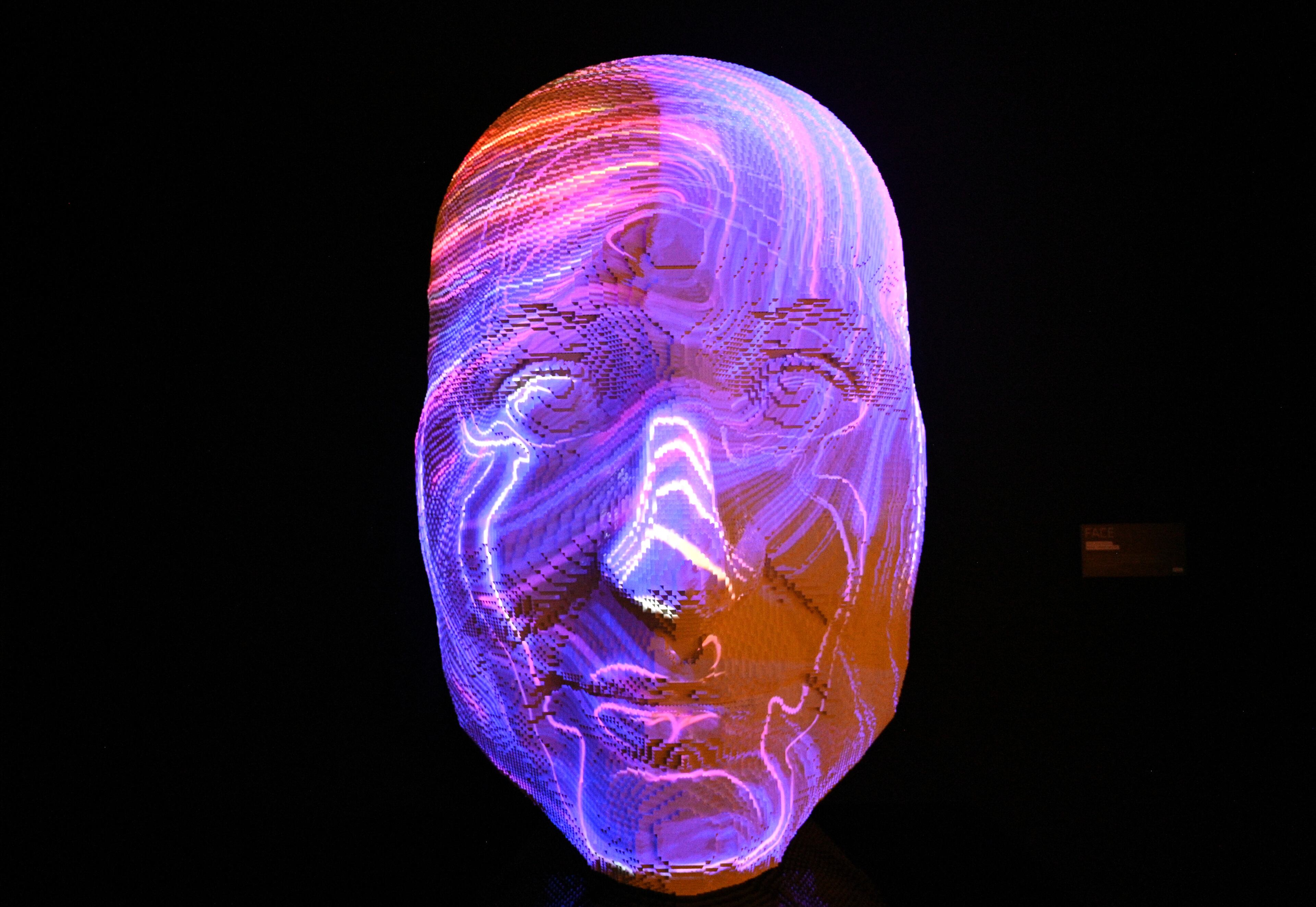 “Face” made made with 38,190 Lego bricks at "Art of the Brick Immersive Experience" exhibition at Exhibition Hub Atlanta Art Centre, Wednesday, April 19, 2023, in Doraville. The exhibition will feature many pieces and themes, including a room with oversized sculptures (25-foot long), over 70 works of art crafted from more than 1 million LEGO bricks, galleries celebrating human-kind and nature, and a short documentary about how Nathan creates his works. (Hyosub Shin / Hyosub.Shin@ajc.com)