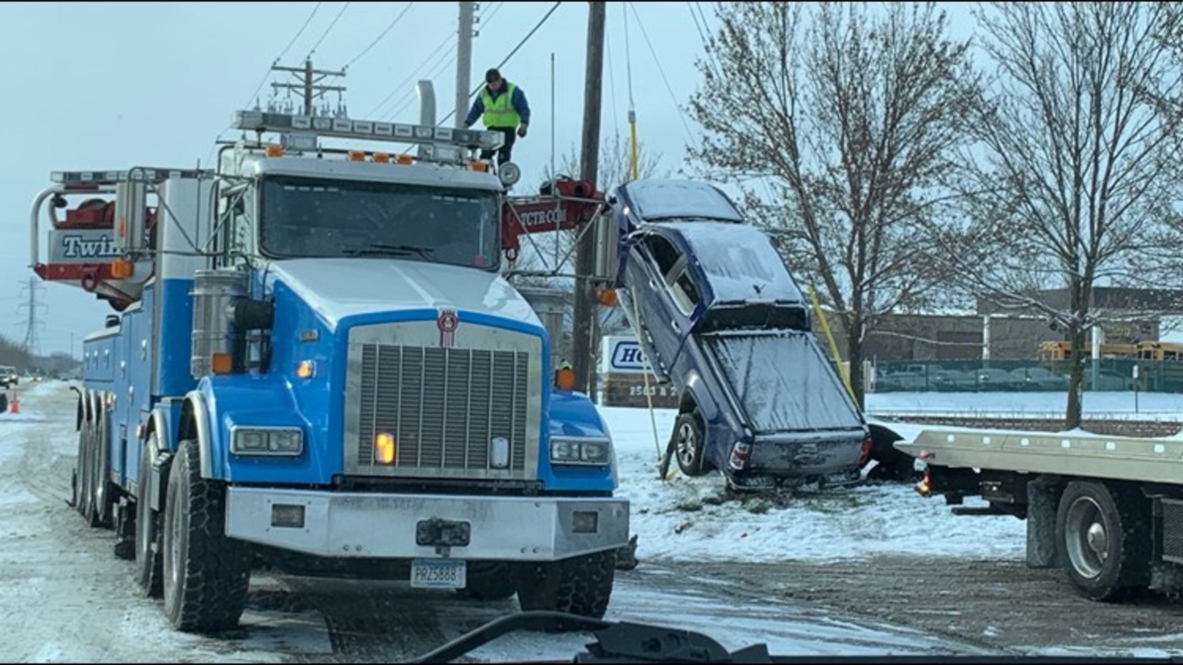 A driver skidded off an icy road in MInnesota and onto some wire.