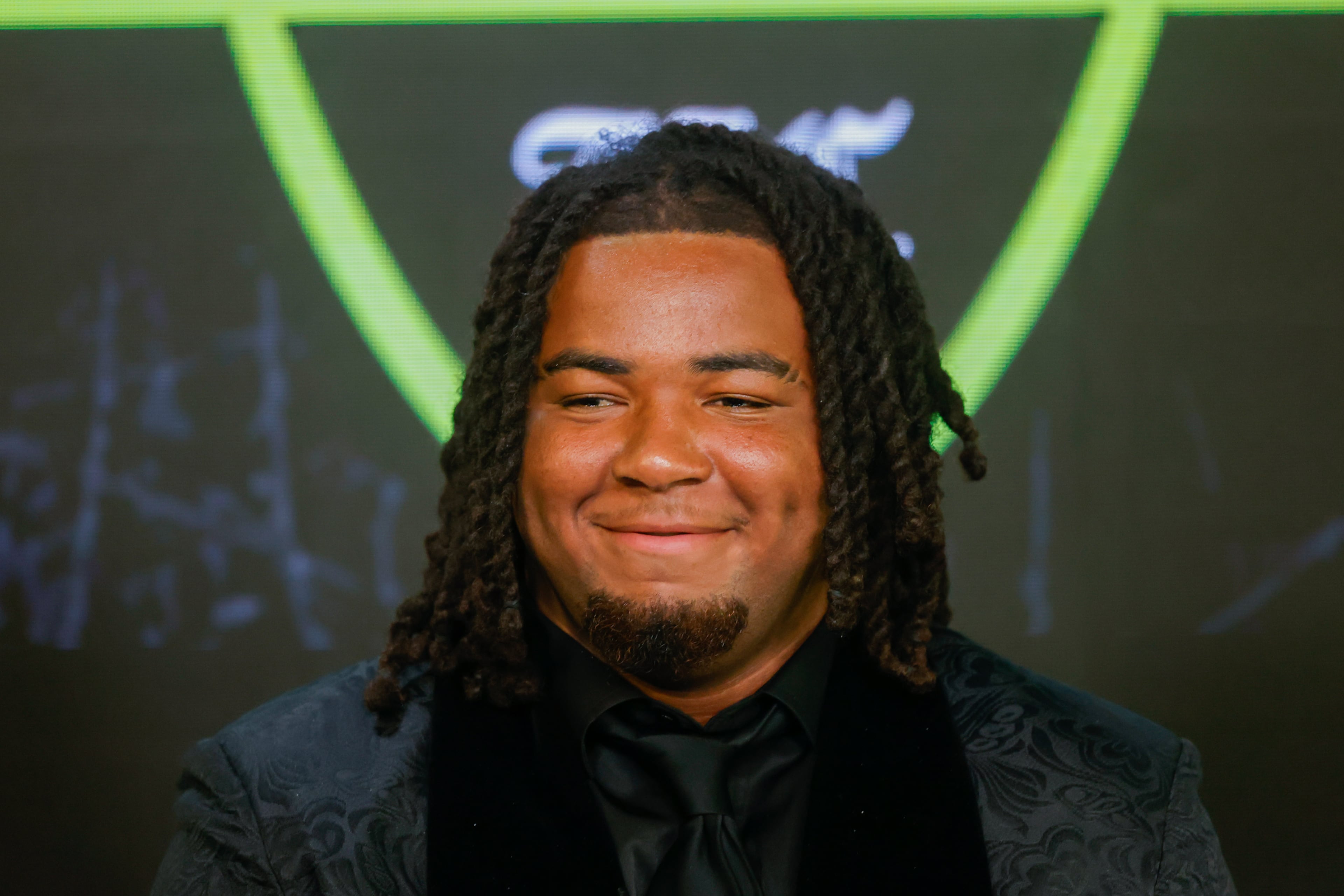 Northside’s Elijah Patmon appears during the taping of the Super 11 reveal show at Score ATL in Roswell on Aug. 3, 2026. (Arvin Temkar/AJC)