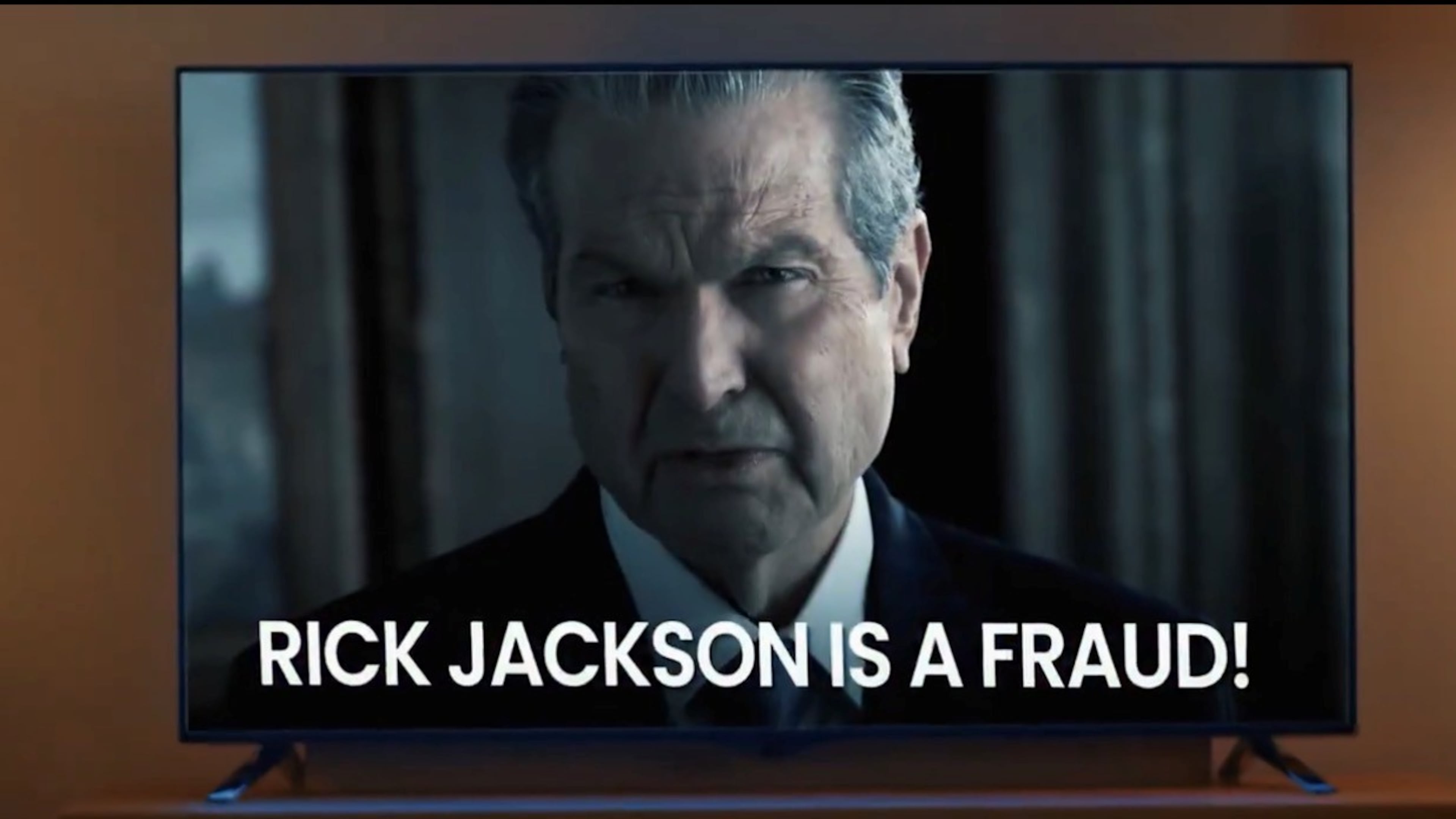 An attack ad from Lt. Gov. Burt Jones against Rick Jackson is one of a deluge of negative advertising in the GOP primary for Georgia governor. April 10, 2026. (Screenshot)