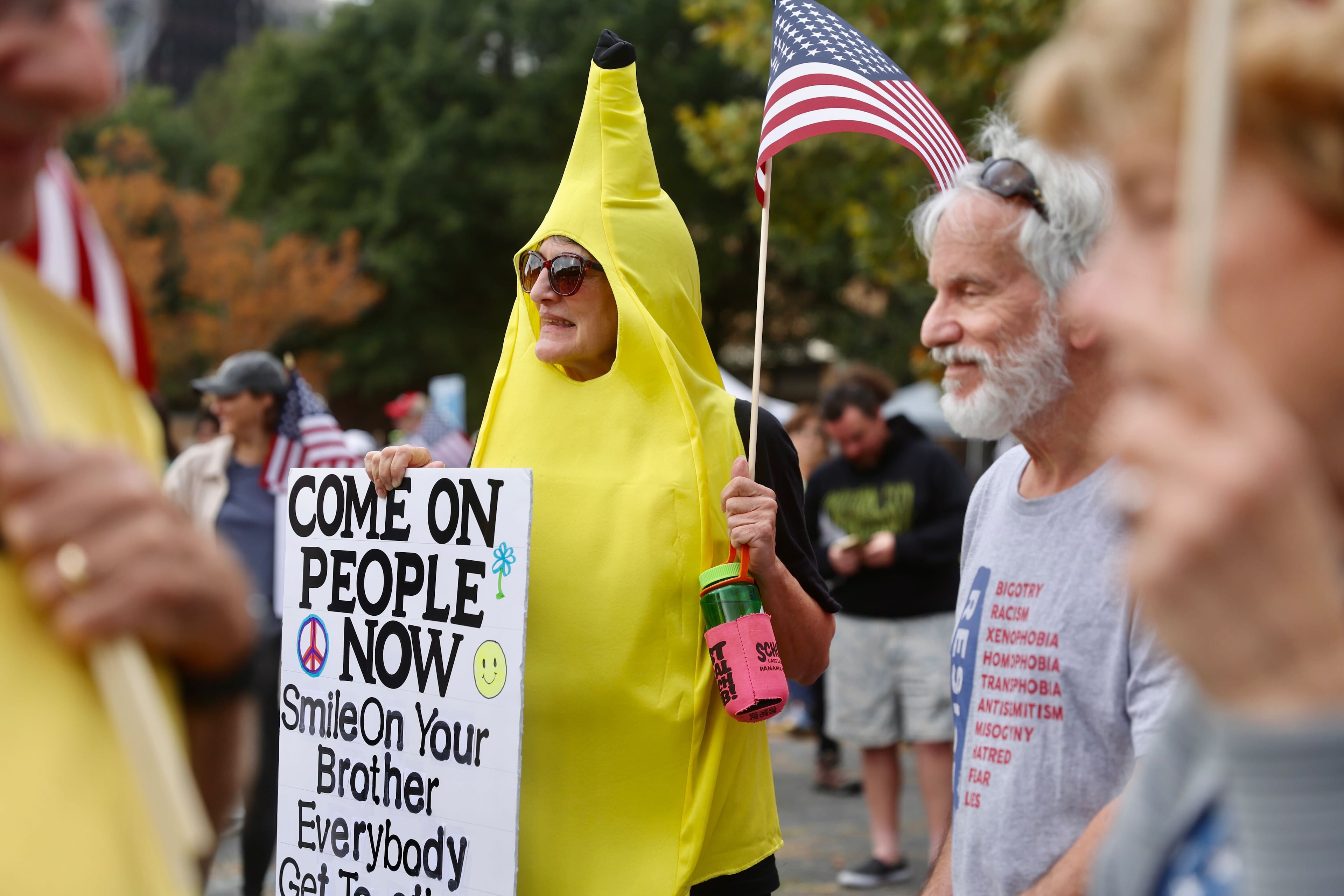 Miriam McCann dressed up as a banana to show that demonstrators intend on remaining peaceful. (Abbey Cutrer/AJC)