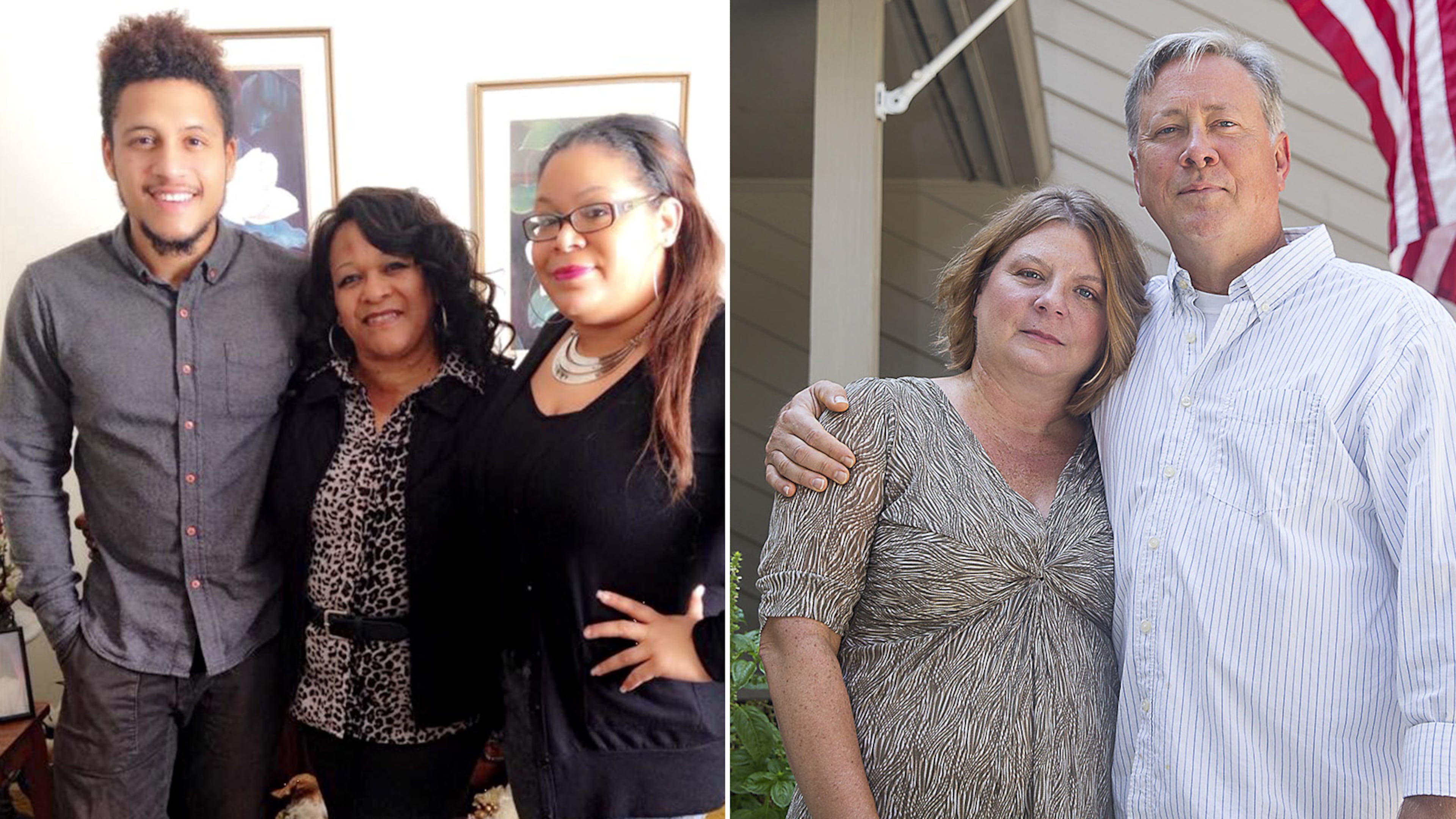 Left: Anthony Hill is shown with his mother and sister in this family photo from Christmas 2014. It was the last time his family saw Anthony. (Family photo) Right: Former DeKalb County police officer Robert "Chip" Olsen and his wife Kathy Olsen at their Alpharetta residence. Robert Olsen shot and killed Anthony Hill outside a Chamblee apartment complex in March 2015. (Alyssa Pointer/alyssa.pointer@ajc.com)