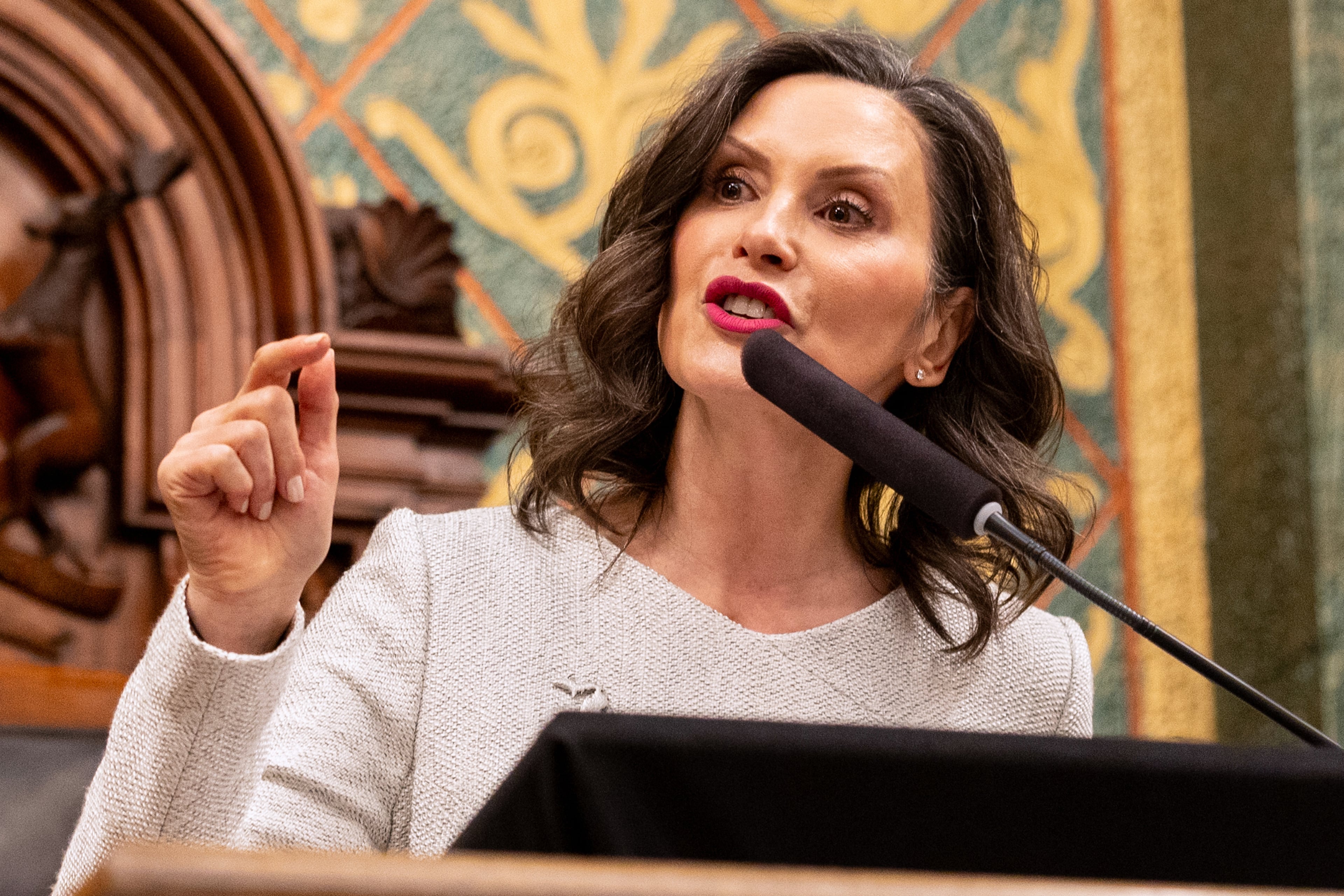 Michigan Gov. Gretchen Whitmer delivers the State of the State address at the Michigan state Capitol in Lansing, Michigan, earlier this year. (Devin Anderson-Torrez/Kalamazoo Gazette via AP)