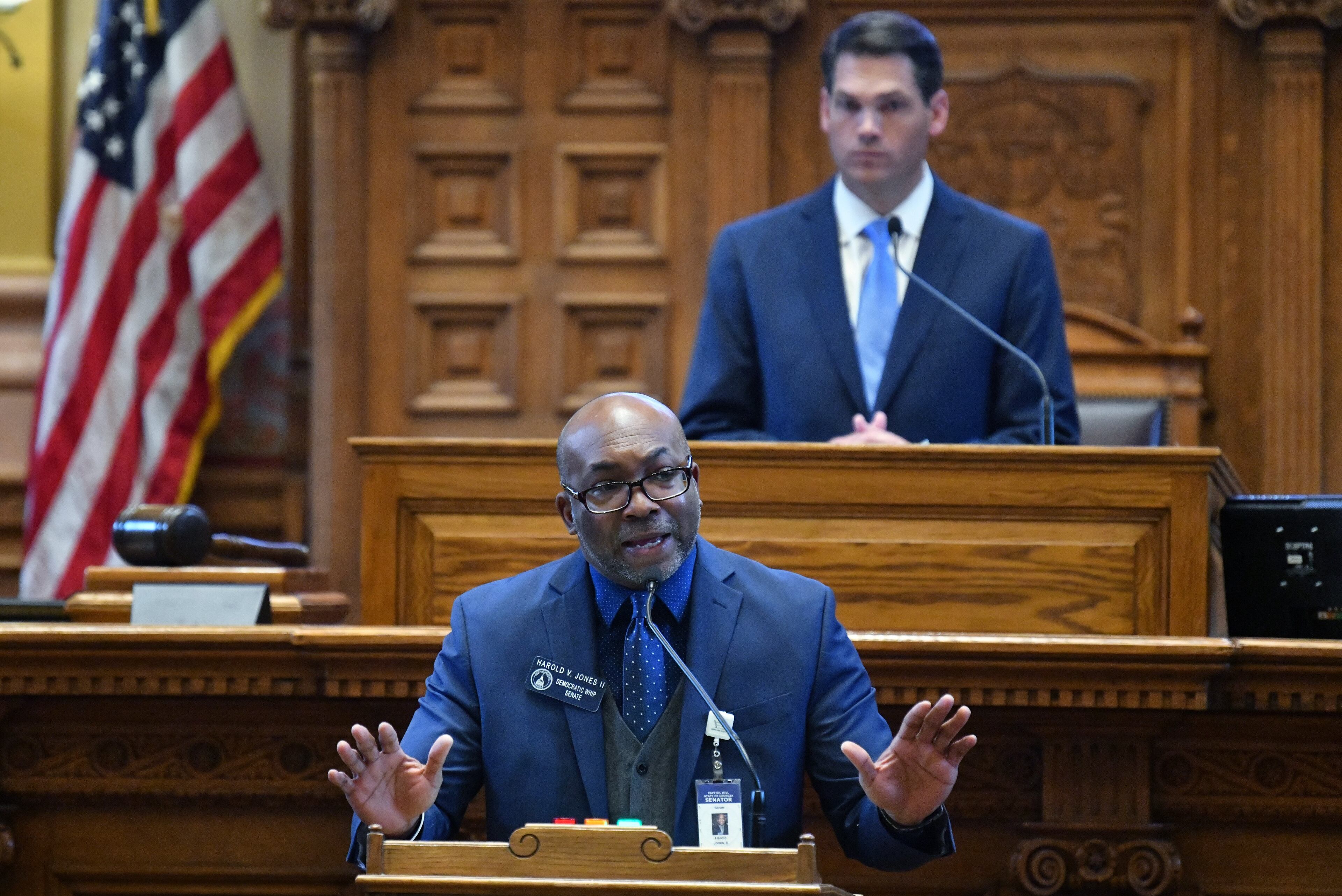 March12, 2020 Atlanta - Senator Harold Jones II speaks about SB 463 (provisions and references regarding direct recording electronic voting machines) during Crossover day at the Georgia State Capitol on Thursday, March 11, 2020. (Hyosub Shin / Hyosub.Shin@ajc.com)