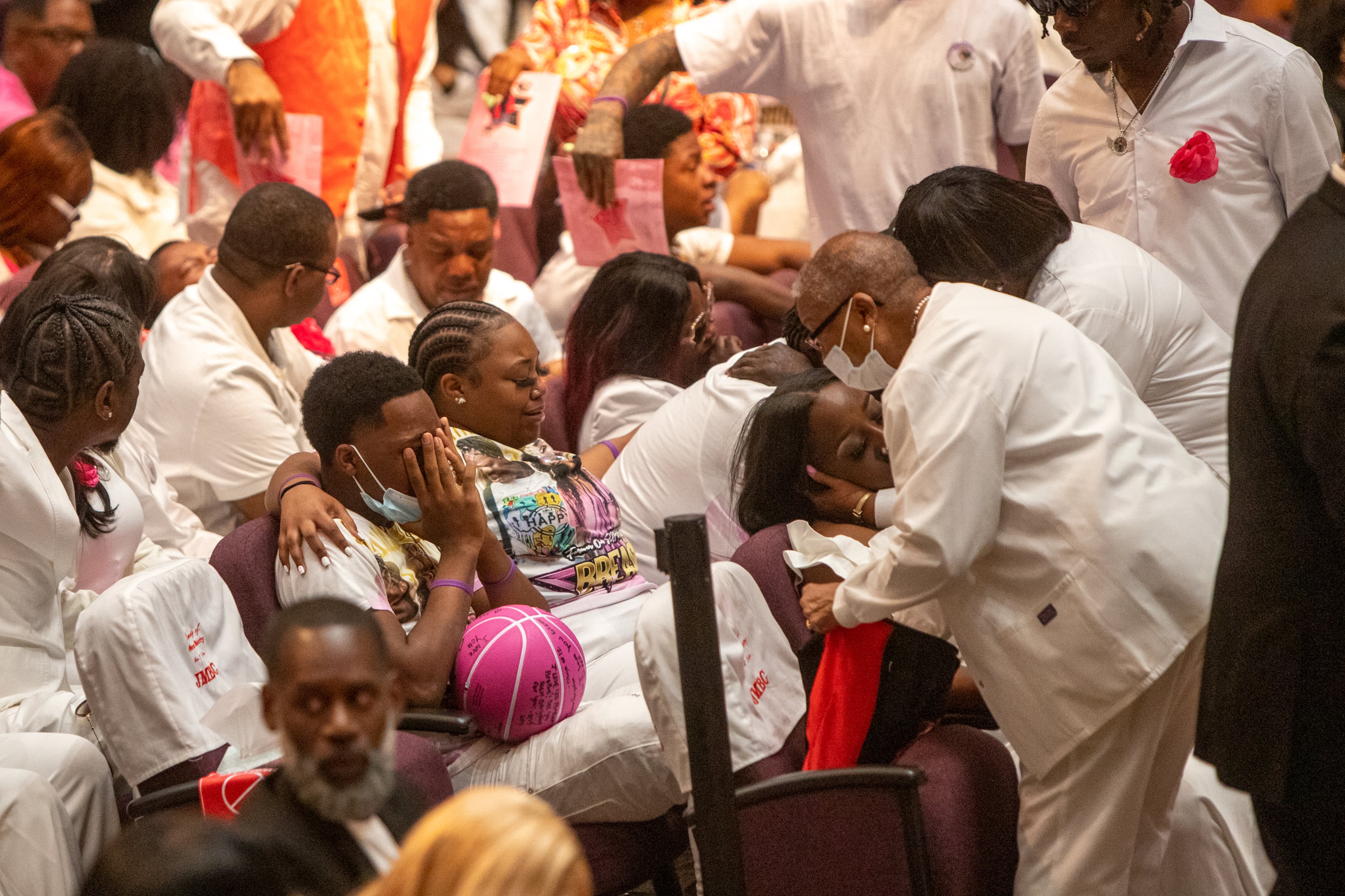Friends, classmates and members of the community attend Bre’Asia Powell’s memorial service at Jackson Memorial Baptist Church in Atlanta on Saturday, June 3, 2023. Powell, 16, was fatally shot at a graduation party outside Benjamin E. Mays High School. (Jenni Girtman for The Atlanta Journal-Constitution)