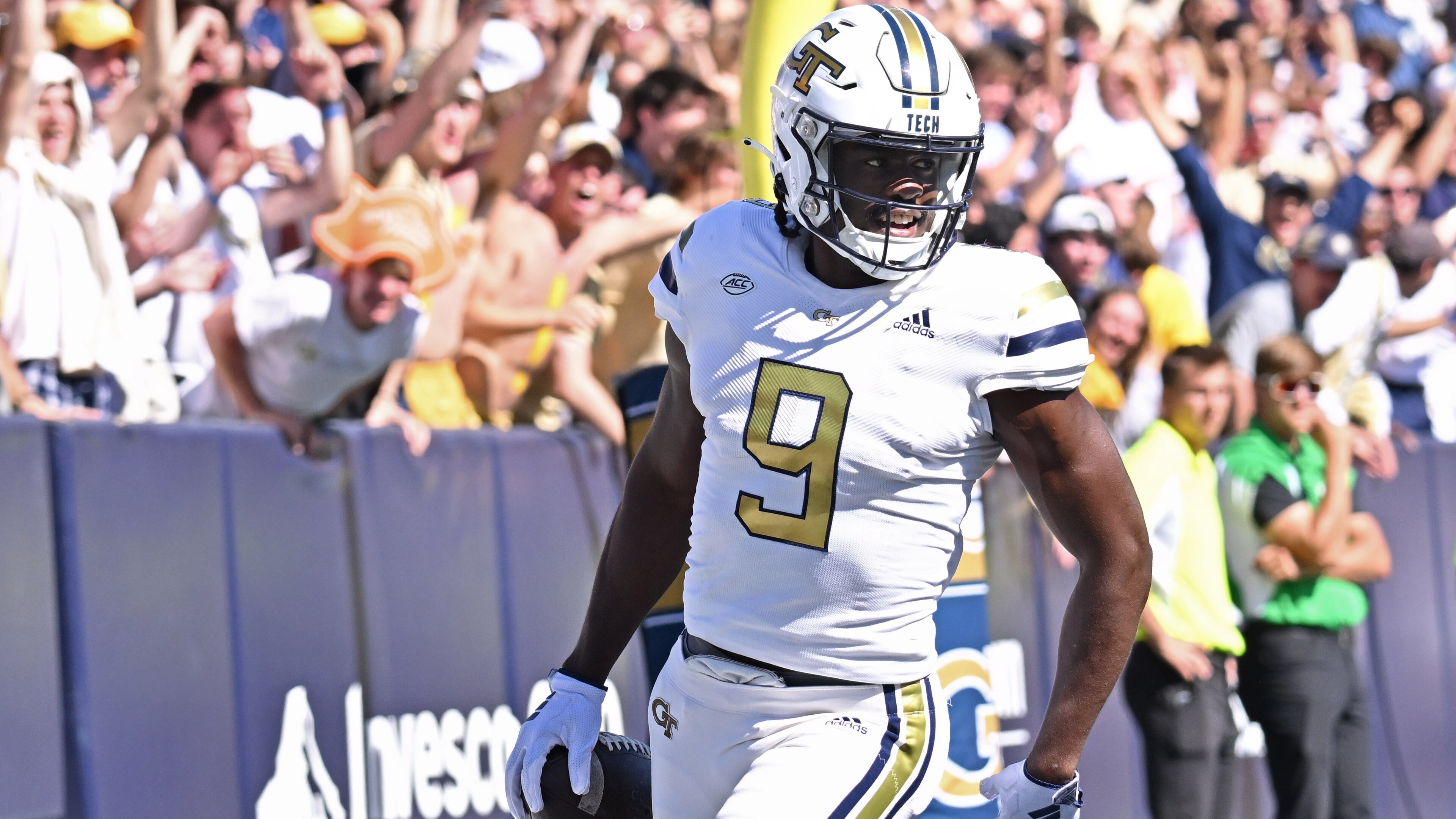 Georgia Tech wide receiver Avery Boyd (9) reacts after scoring a touchdown during the second half of an NCAA college football game at Georgia Tech's Bobby Dodd Stadium, Saturday, October 21, 2023, in Atlanta. Boston College won 38-23 over Georgia Tech. (Hyosub Shin / Hyosub.Shin@ajc.com)